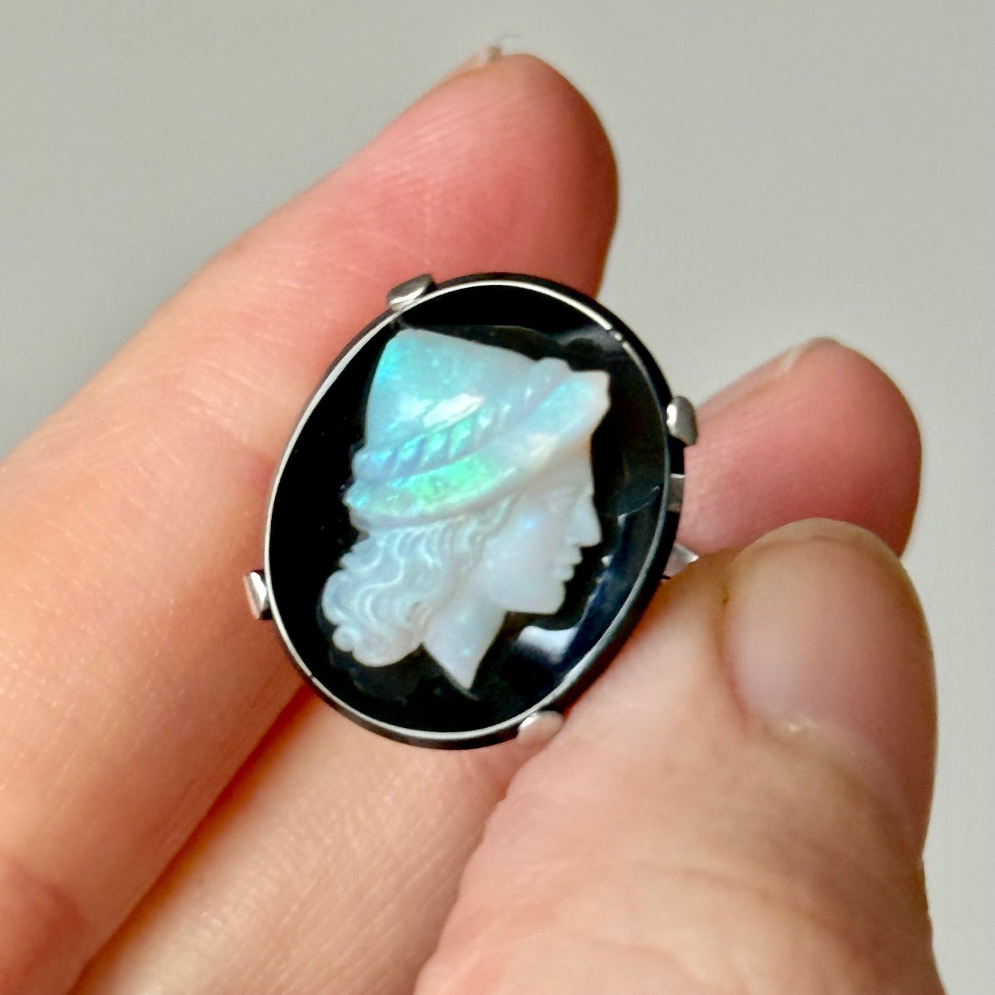 Antique Opal & Onyx Cameo ring in Platinum & Gold; Circa 1910