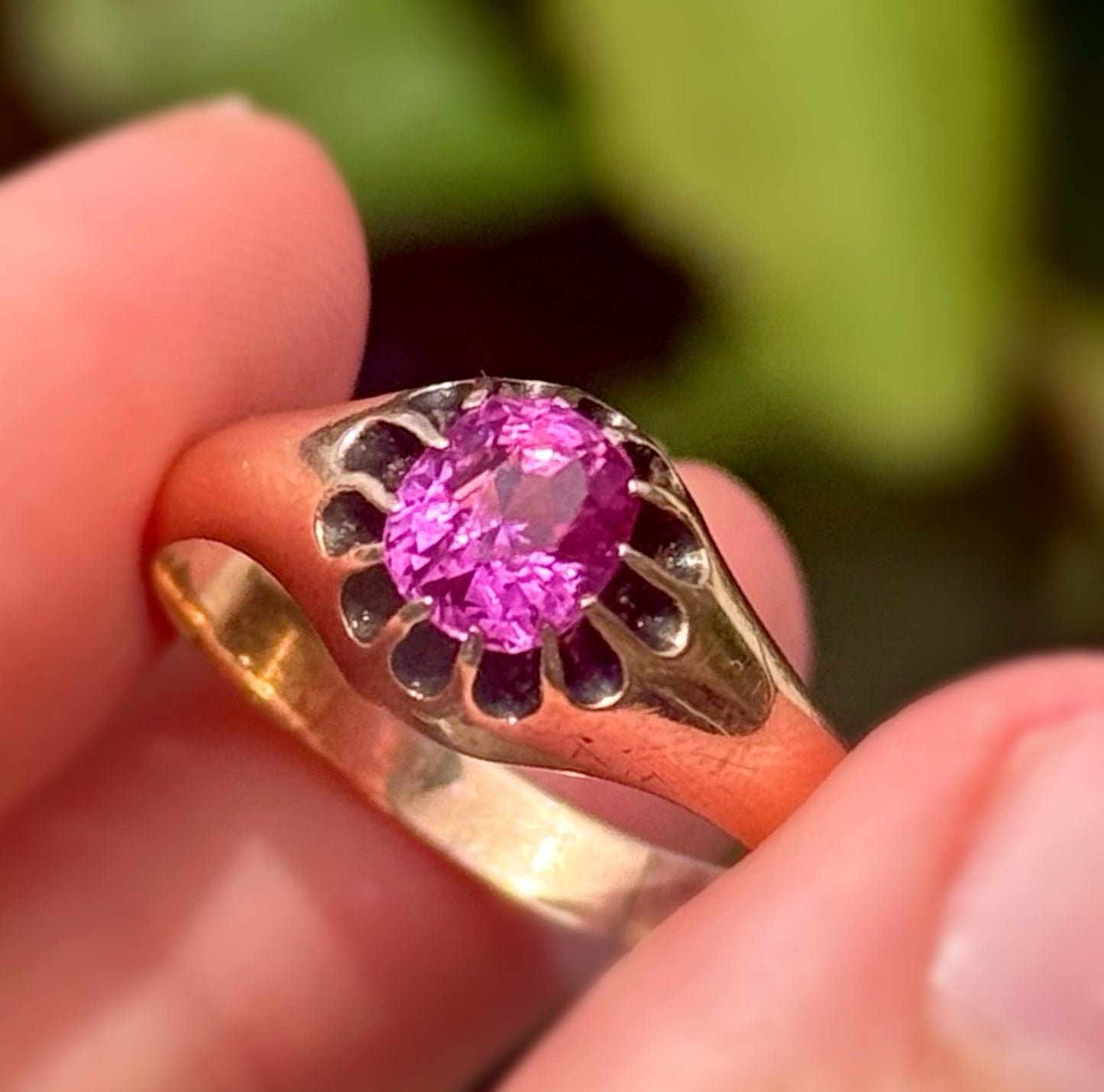 Large Old Cut Pink Sapphire Ring in 9 Carat Rose Gold; Circa 1890
