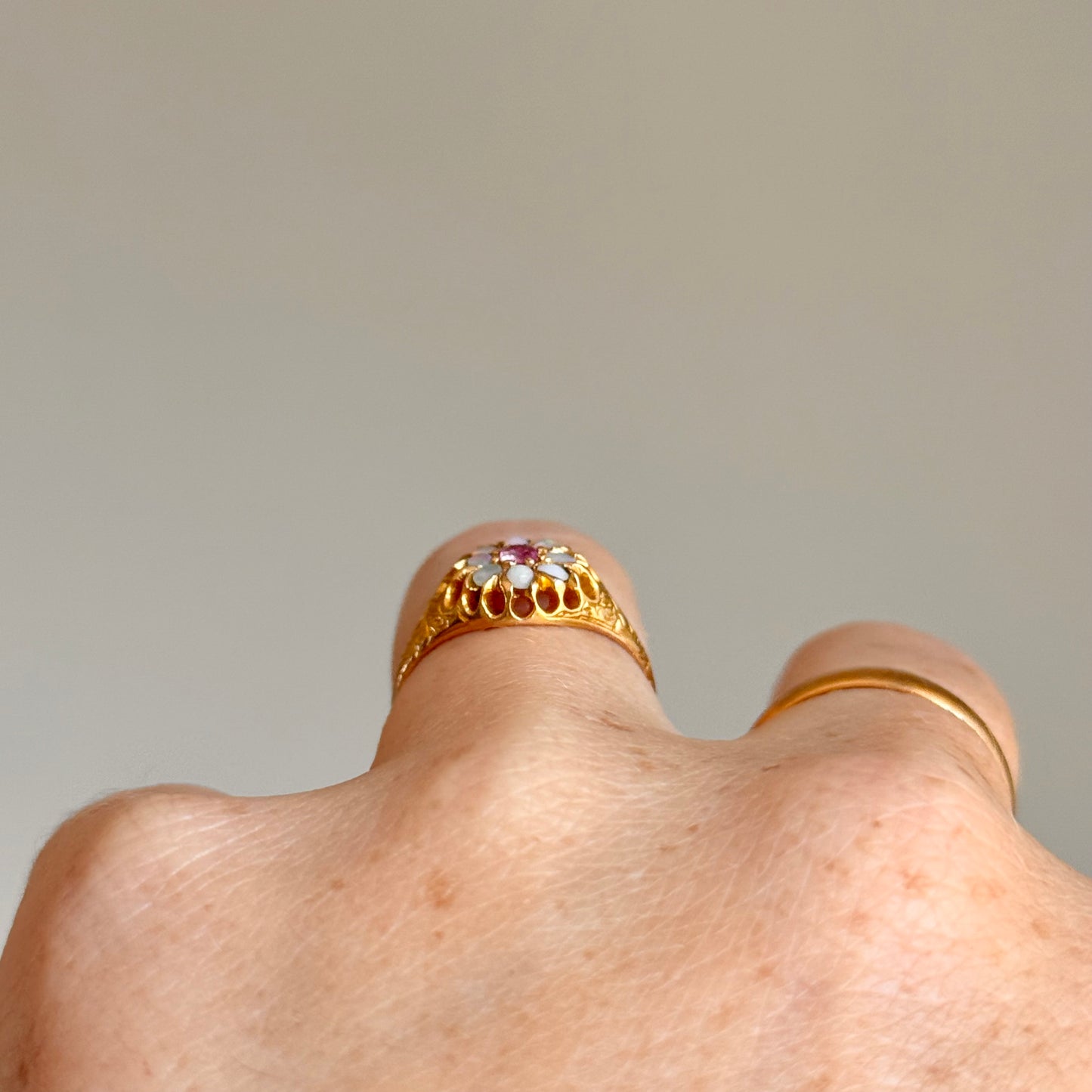 Antique Ruby & Opal Cluster Ring in 15 Carat Gold; Circa 1880