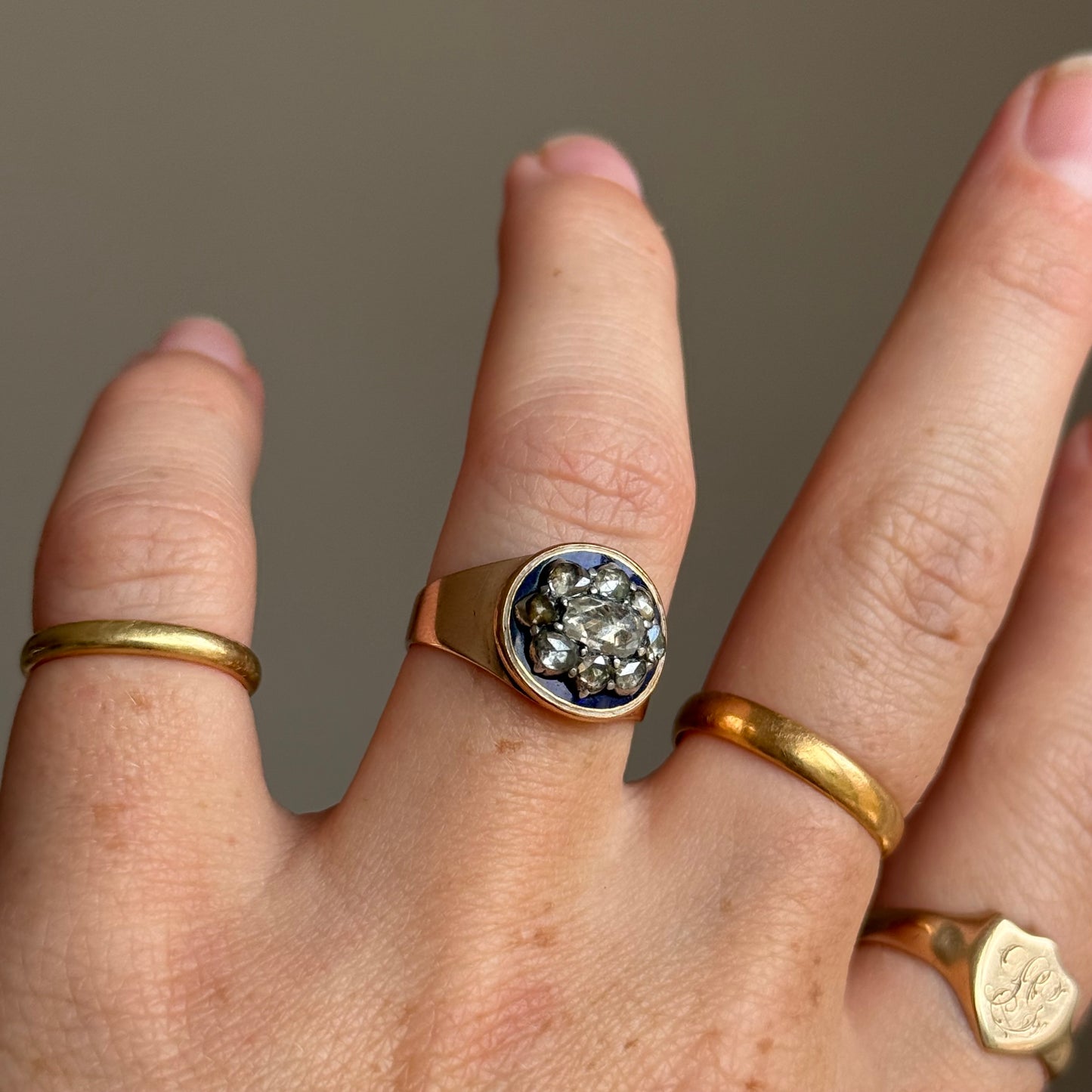 Georgian Rose Cut Diamond & Enamel Cluster Ring, Circa 1830