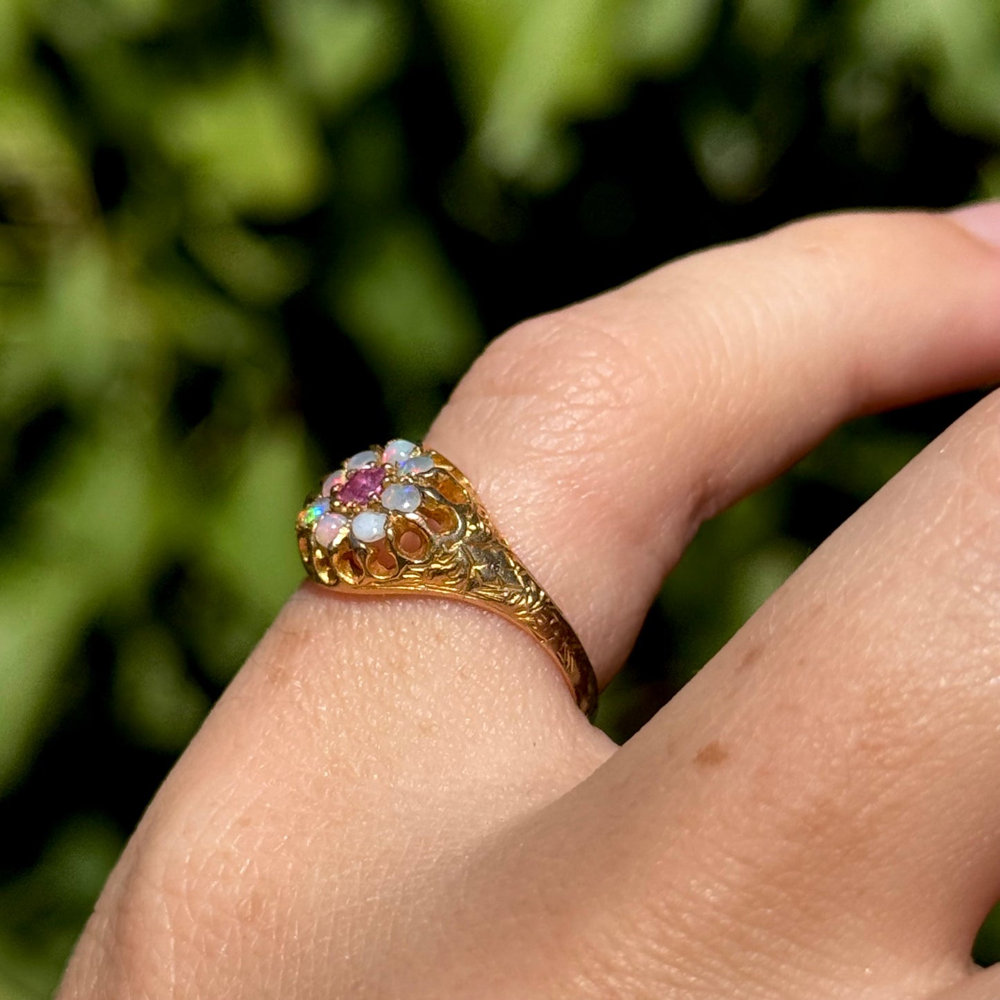 Antique Ruby & Opal Cluster Ring in 15 Carat Gold; Circa 1880