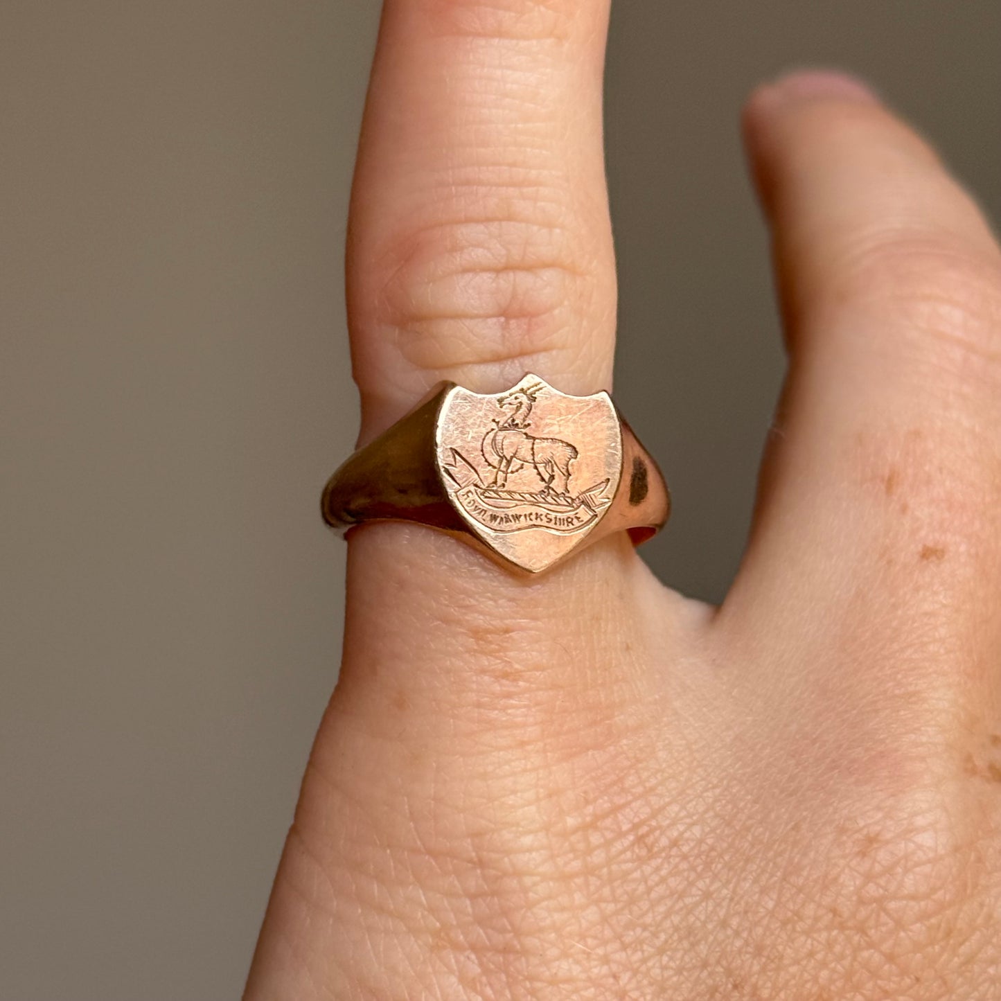 Antique Royal Warwickshire Signet Ring in 9 Carat Rose Gold; Circa 1918