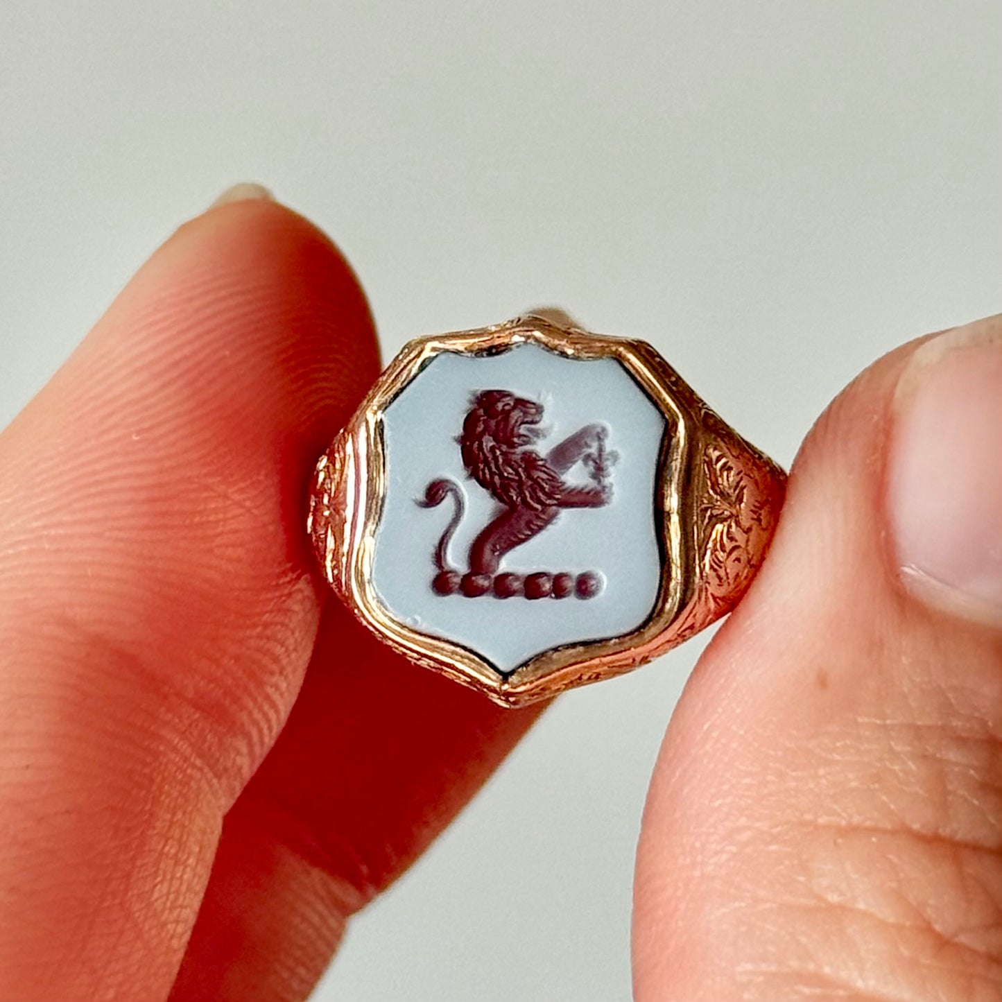 Antique Lion Sardonyx Signet Ring in 9 Carat Rose Gold; Circa 1900
