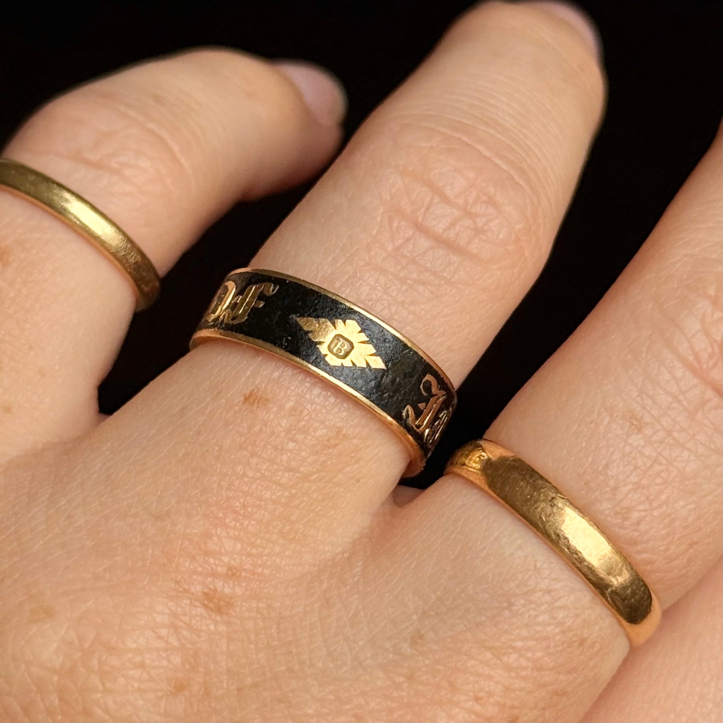 Antique Victorian Enamel Mourning Ring in 18 Carat Gold; Circa 1877