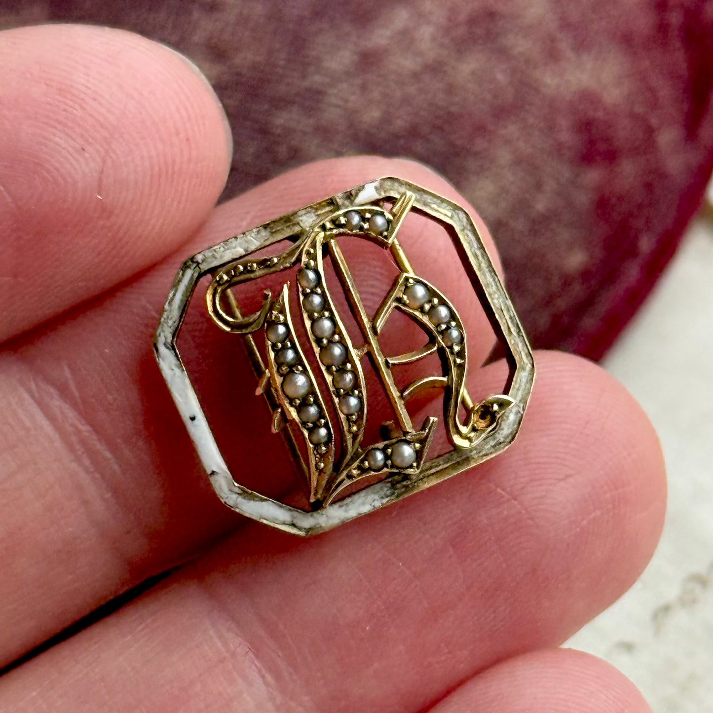 Antique Victorian Enamel and Pearl Letter 'H' Buckle Pendant in 9 Carat Gold