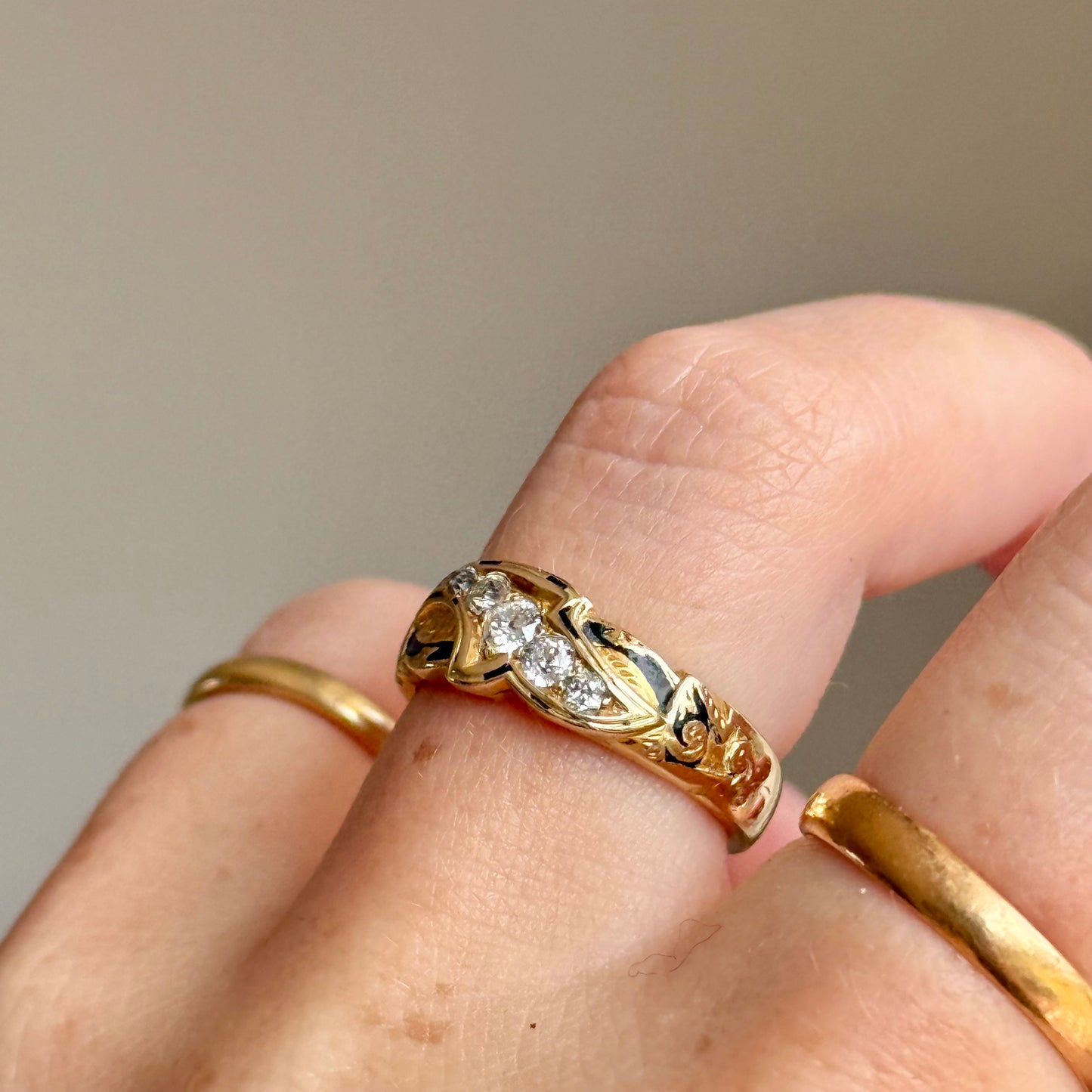 Antique Diamond & Enamel Mourning Ring in 18 Carat Gold; Circa 1879