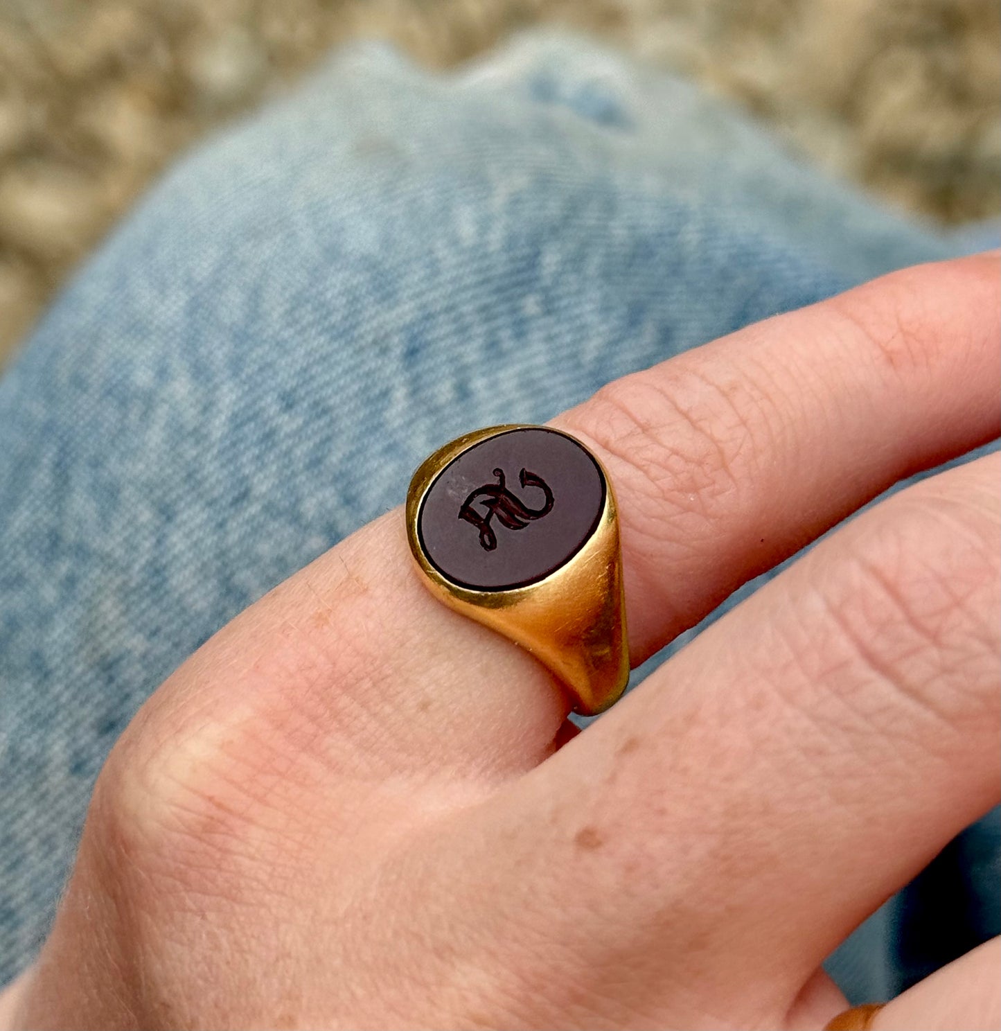 Vintage 'S' Carnelian Intaglio Signet Ring in 18 Carat Gold; Circa 1960