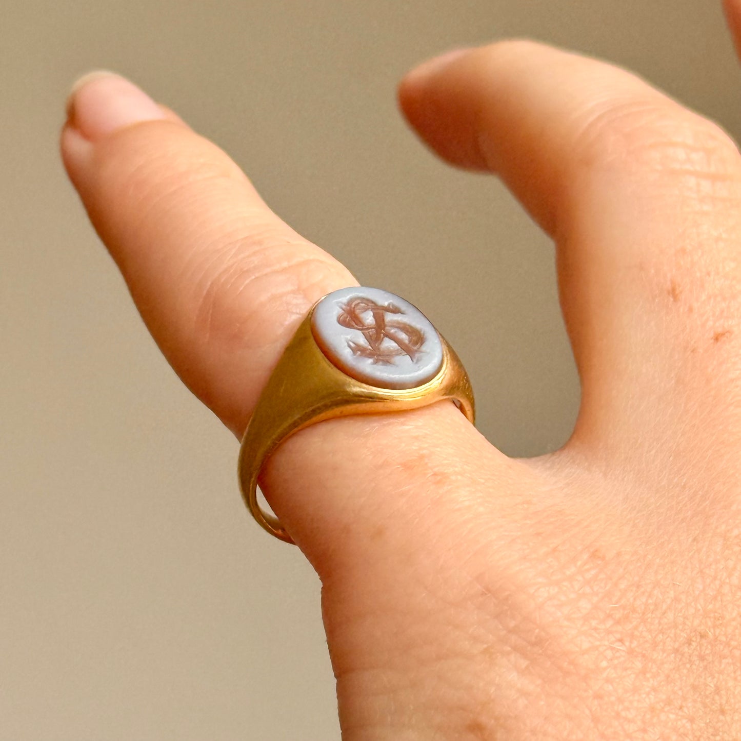 Victorian Sardonyx Signet ring in 18 Carat Gold; Circa 1868