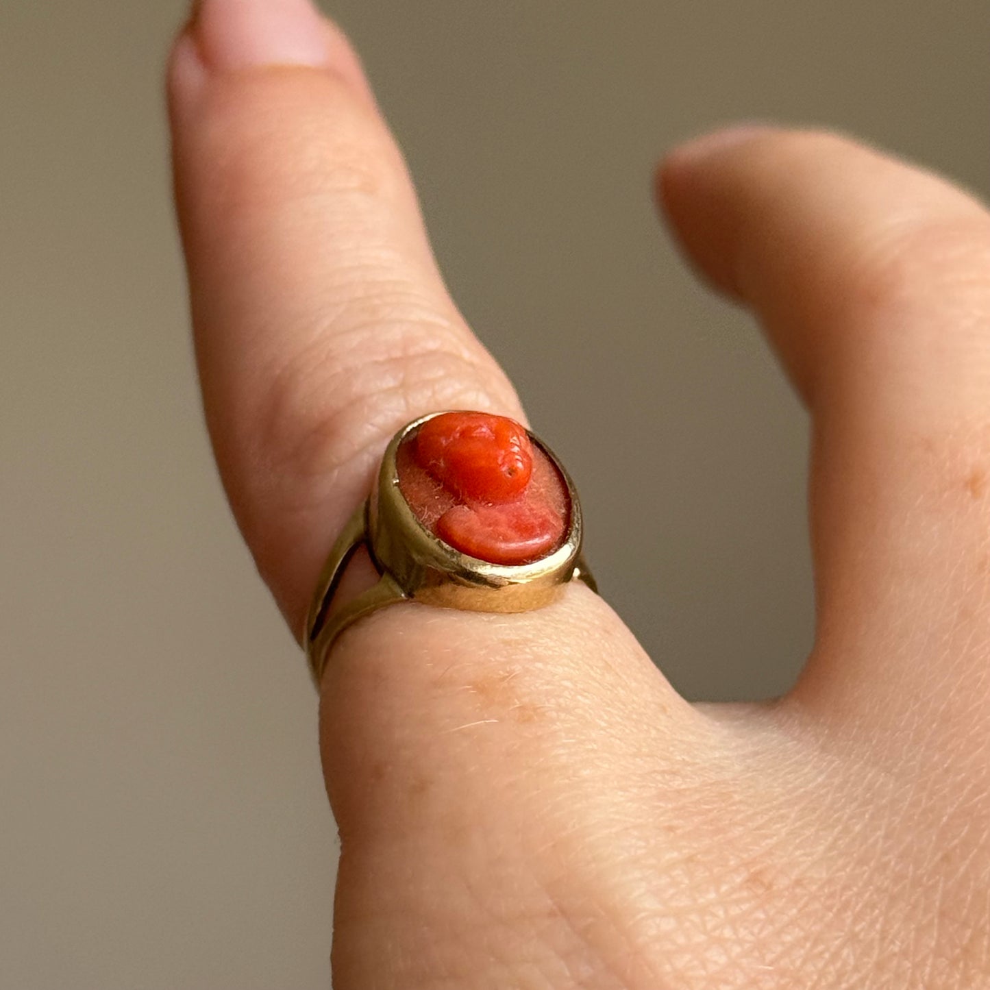 Early Victorian Coral Cameo Ring in 9 Carat Gold; Circa 1830