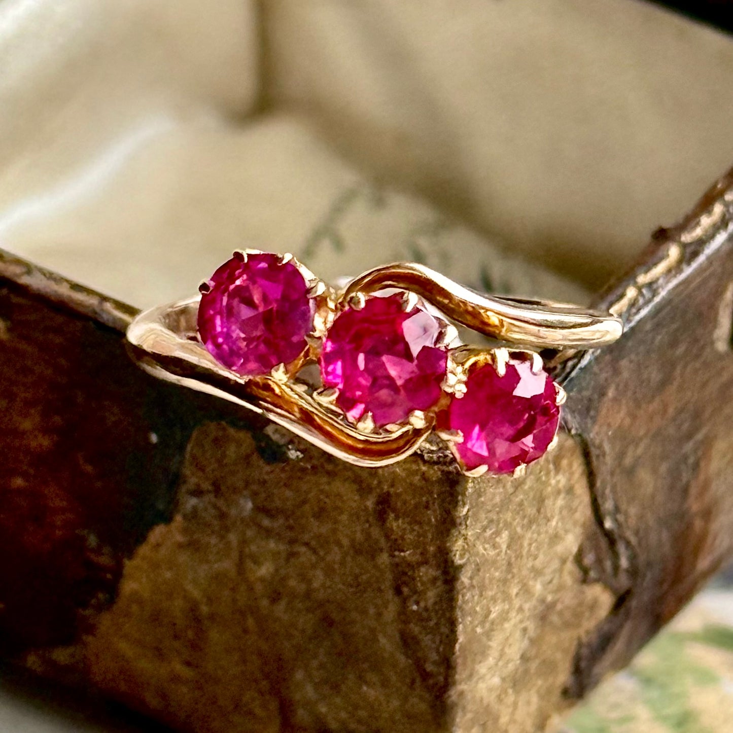Edwardian Old Cut Ruby Trilogy in 9 Carat Gold; Circa 1910