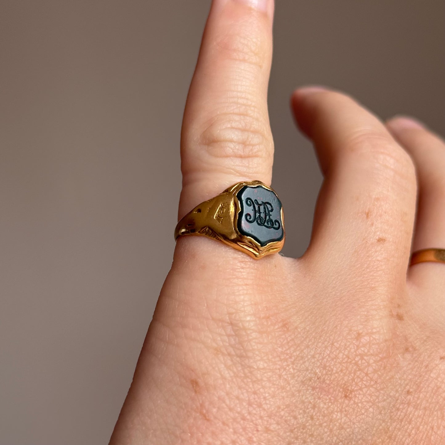 Victorian Bloodstone Intaglio Signet Ring in 18 Carat Gold; Circa 1880