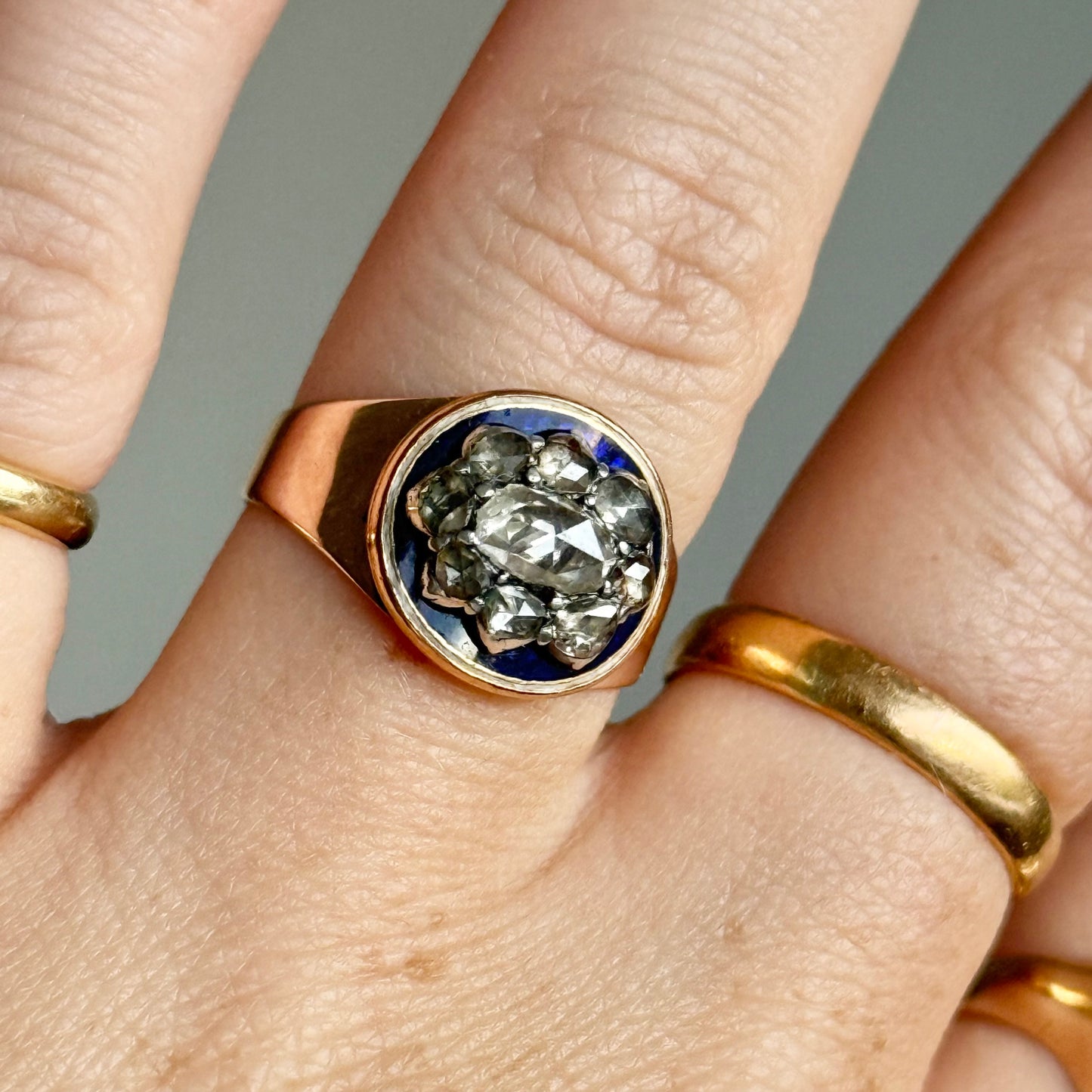 Georgian Rose Cut Diamond & Enamel Cluster Ring, Circa 1830