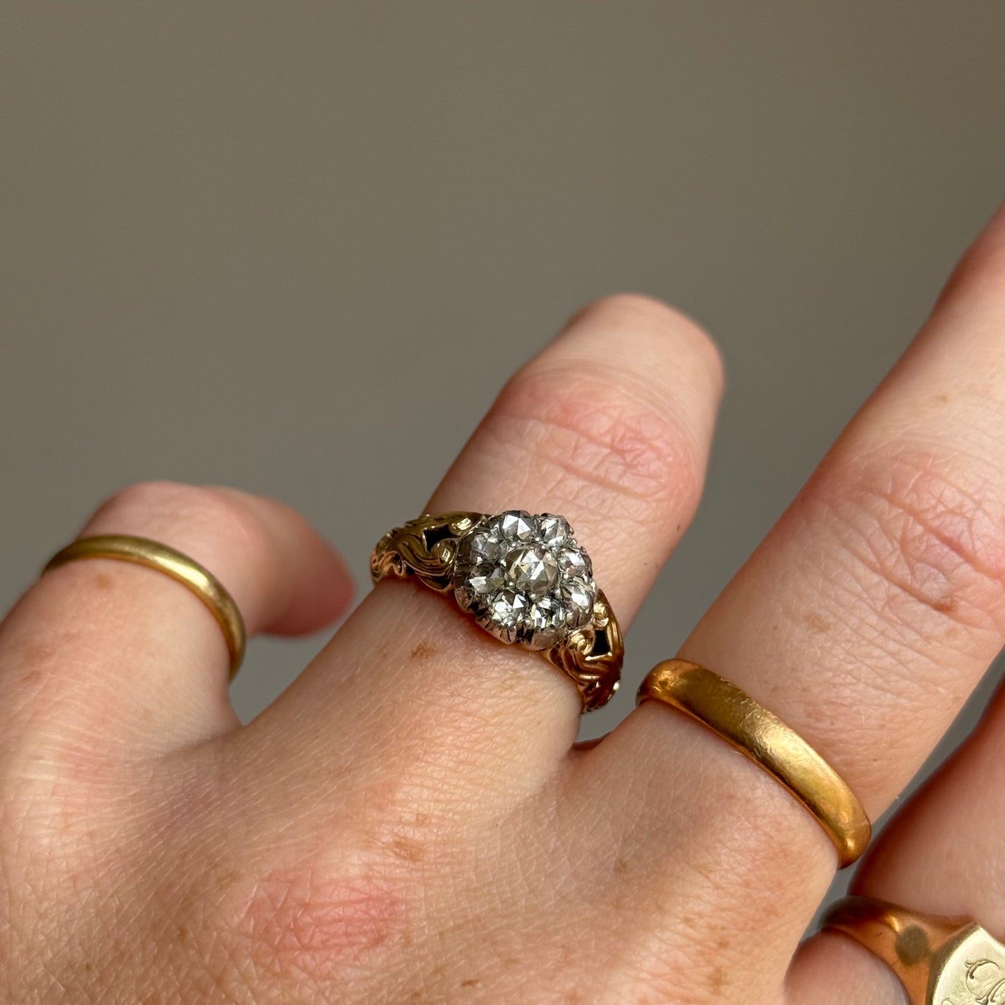 Victorian Rose Cut Diamond Cluster Ring in 15 Carat Gold, Circa 1860