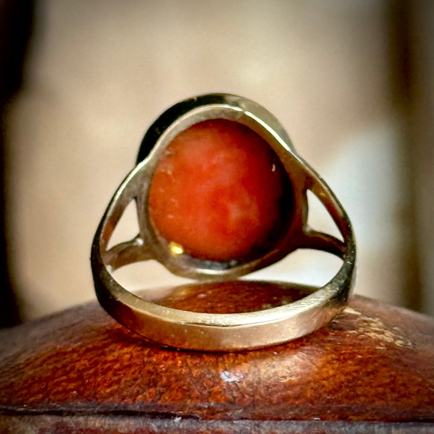 Early Victorian Coral Cameo Ring in 9 Carat Gold; Circa 1830
