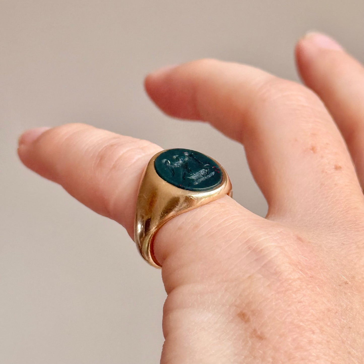 Vintage Bloodstone Intaglio Signet Ring in 9 Carat Gold; Circa 1982