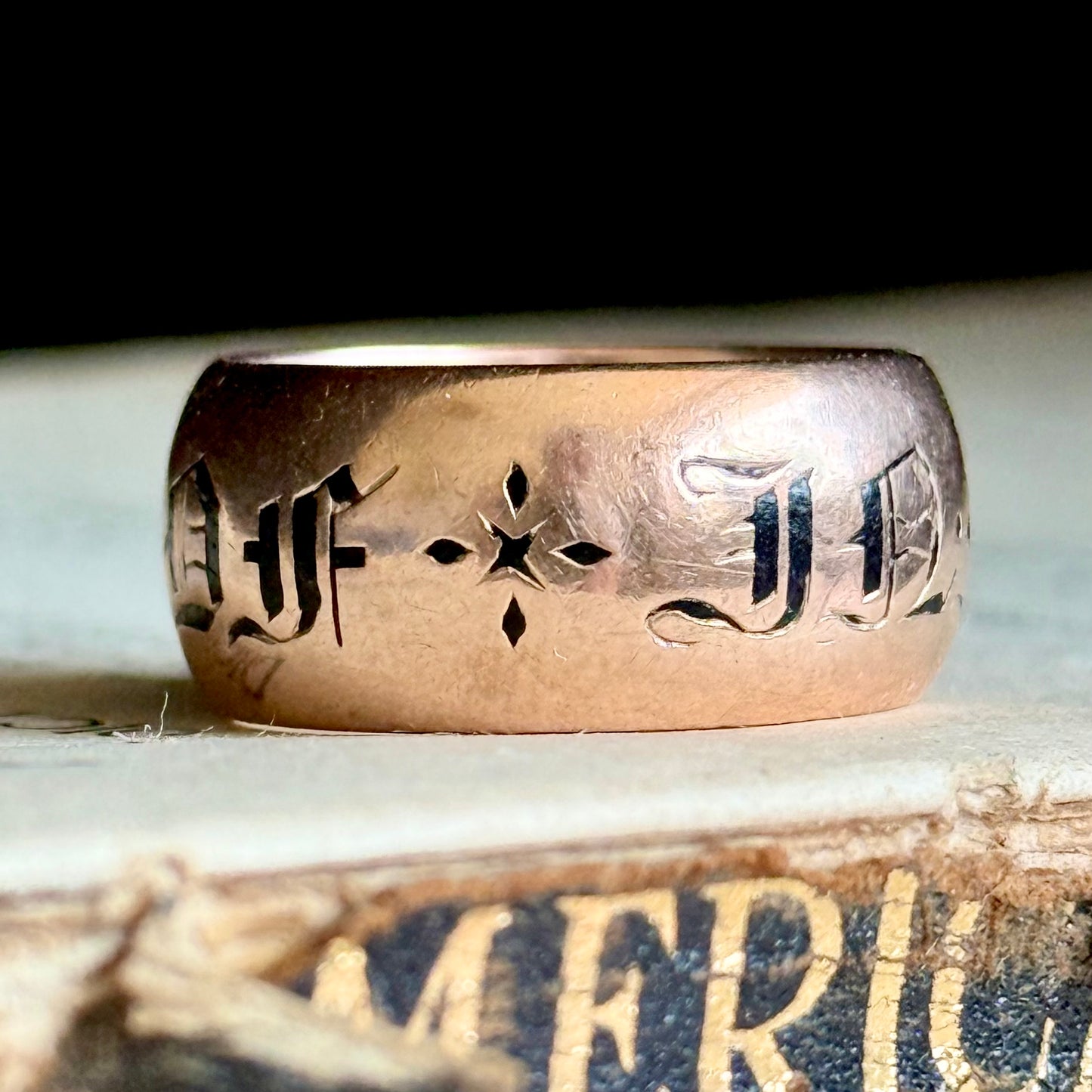 Antique Enamel Mourning Ring in 9 Carat Rose Gold; Circa 1902