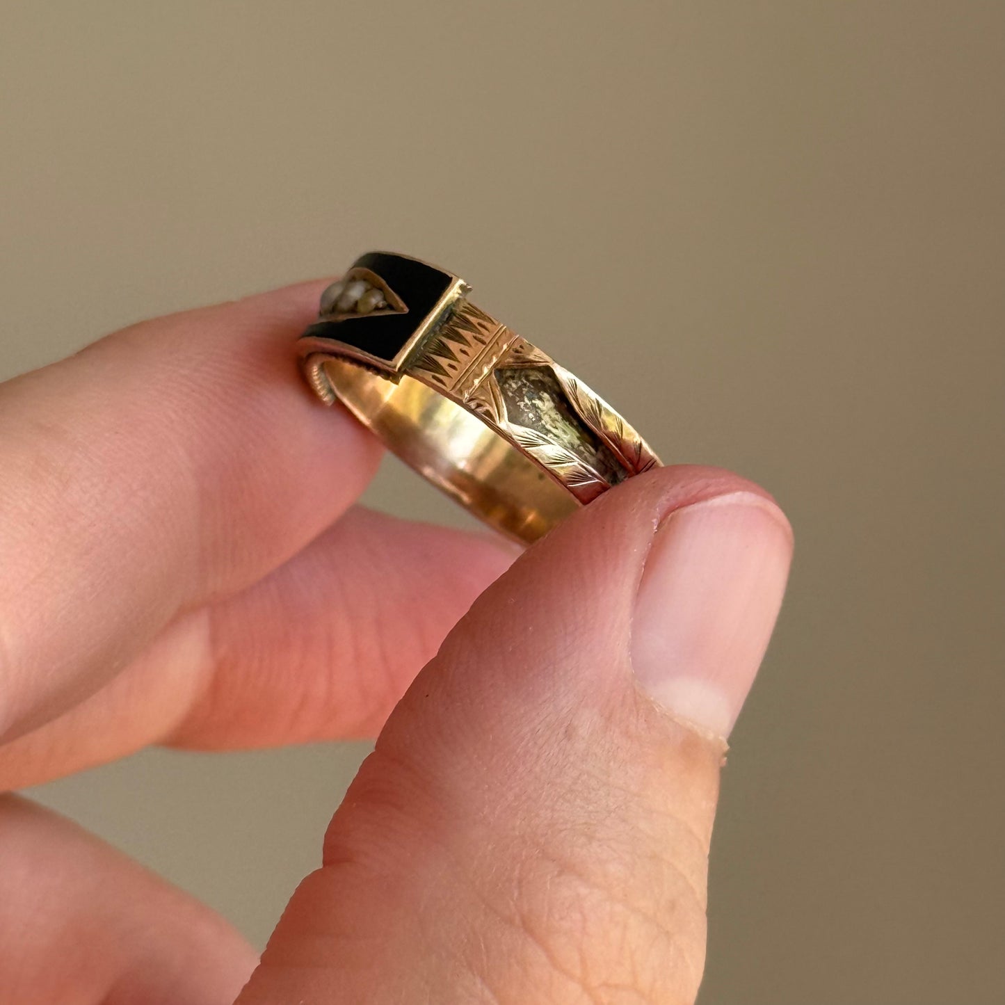 Antique Enamel & Pearl Mourning Ring in 9 Carat Gold; Circa 1906