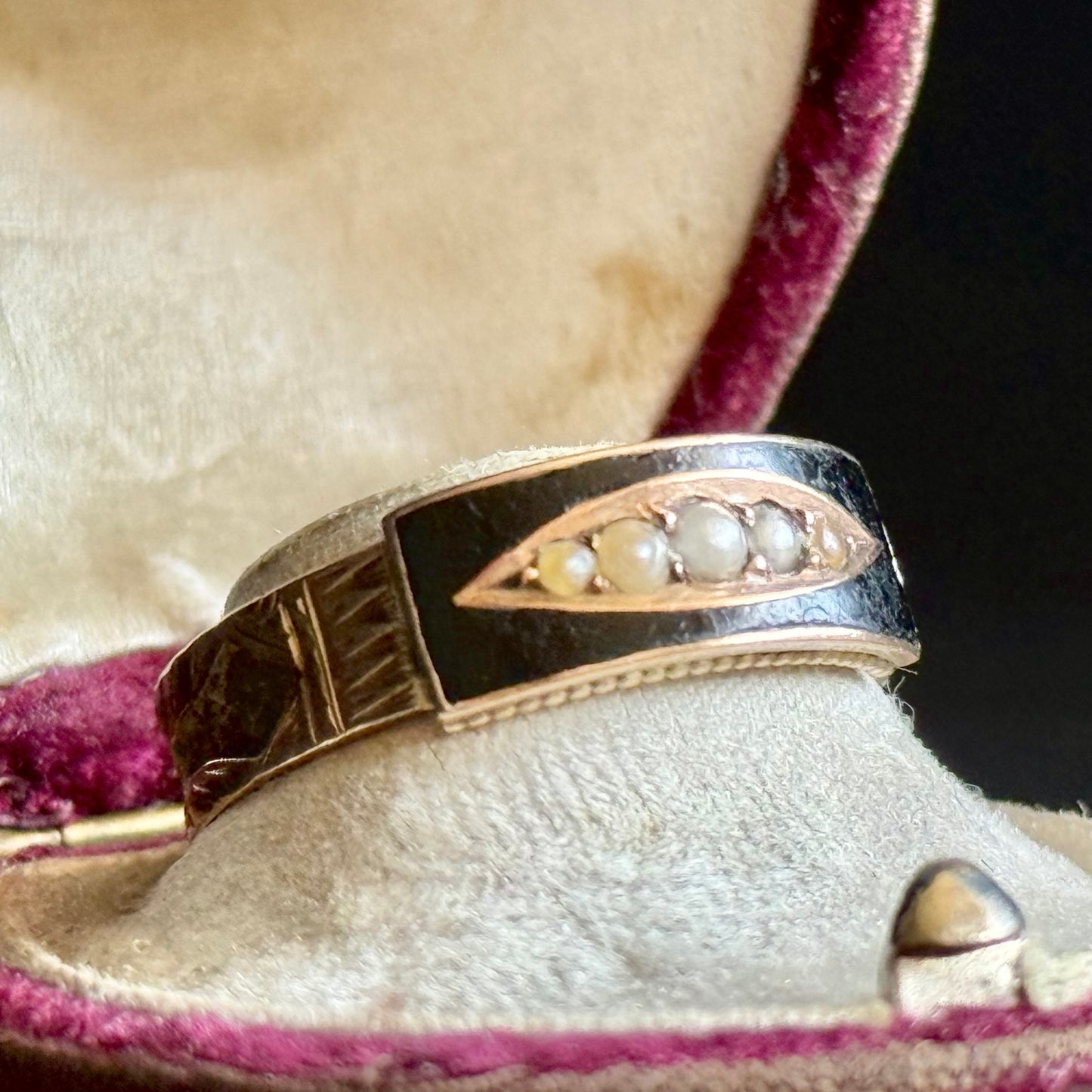 Antique Enamel & Pearl Mourning Ring in 9 Carat Gold; Circa 1906