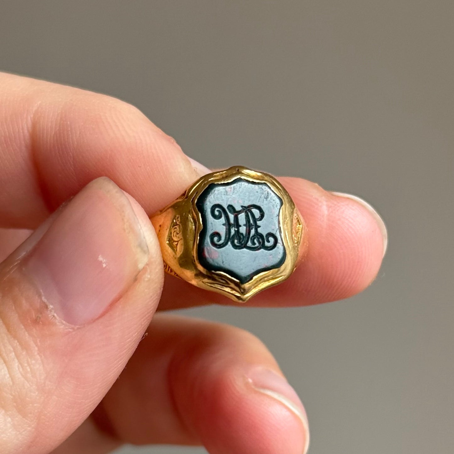Victorian Bloodstone Intaglio Signet Ring in 18 Carat Gold; Circa 1880