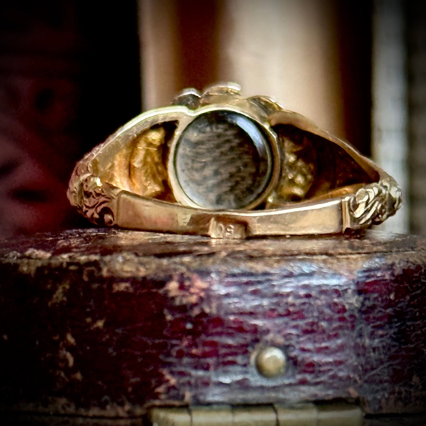Victorian Rhodolite Garnet & Pearl Sentimental Ring in 18 Carat Gold; Circa 1880