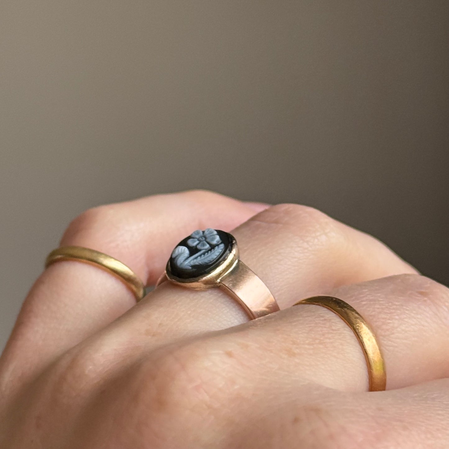 Antique Victorian Forget Me Not Mourning Ring in 9 Carat Rose Gold