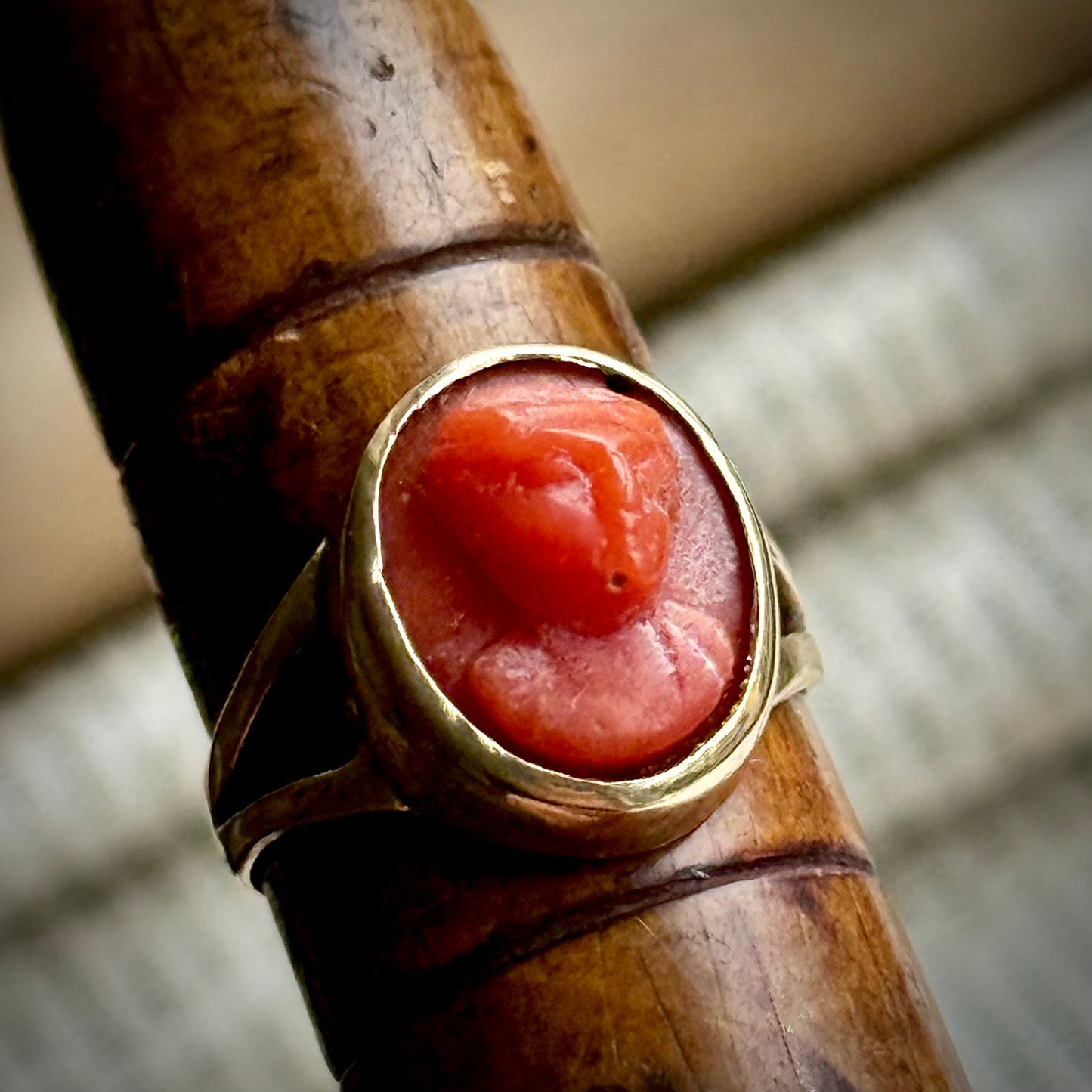 Early Victorian Coral Cameo Ring in 9 Carat Gold; Circa 1830