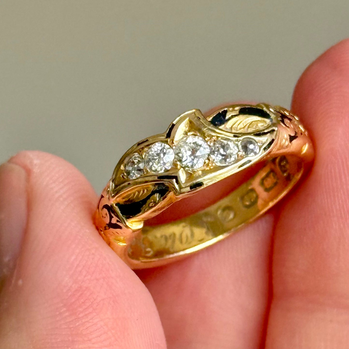 Antique Diamond & Enamel Mourning Ring in 18 Carat Gold; Circa 1879