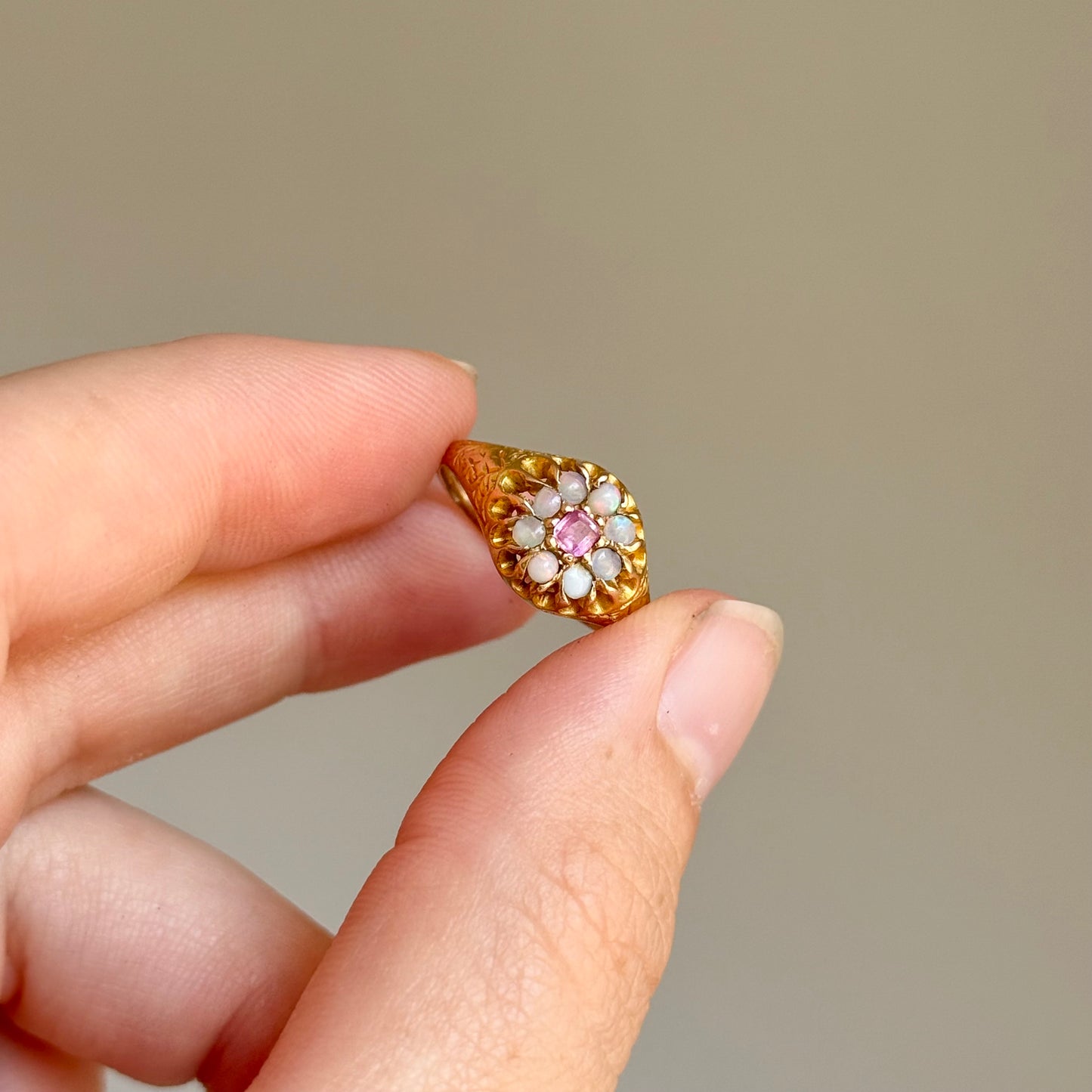 Antique Ruby & Opal Cluster Ring in 15 Carat Gold; Circa 1880
