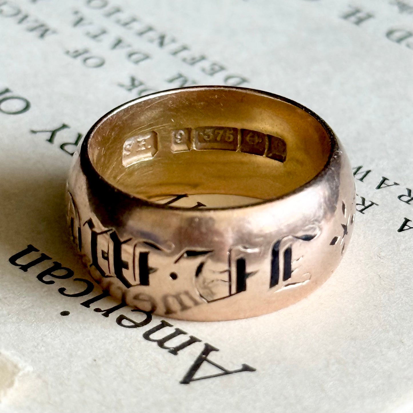 Antique Enamel Mourning Ring in 9 Carat Rose Gold; Circa 1902