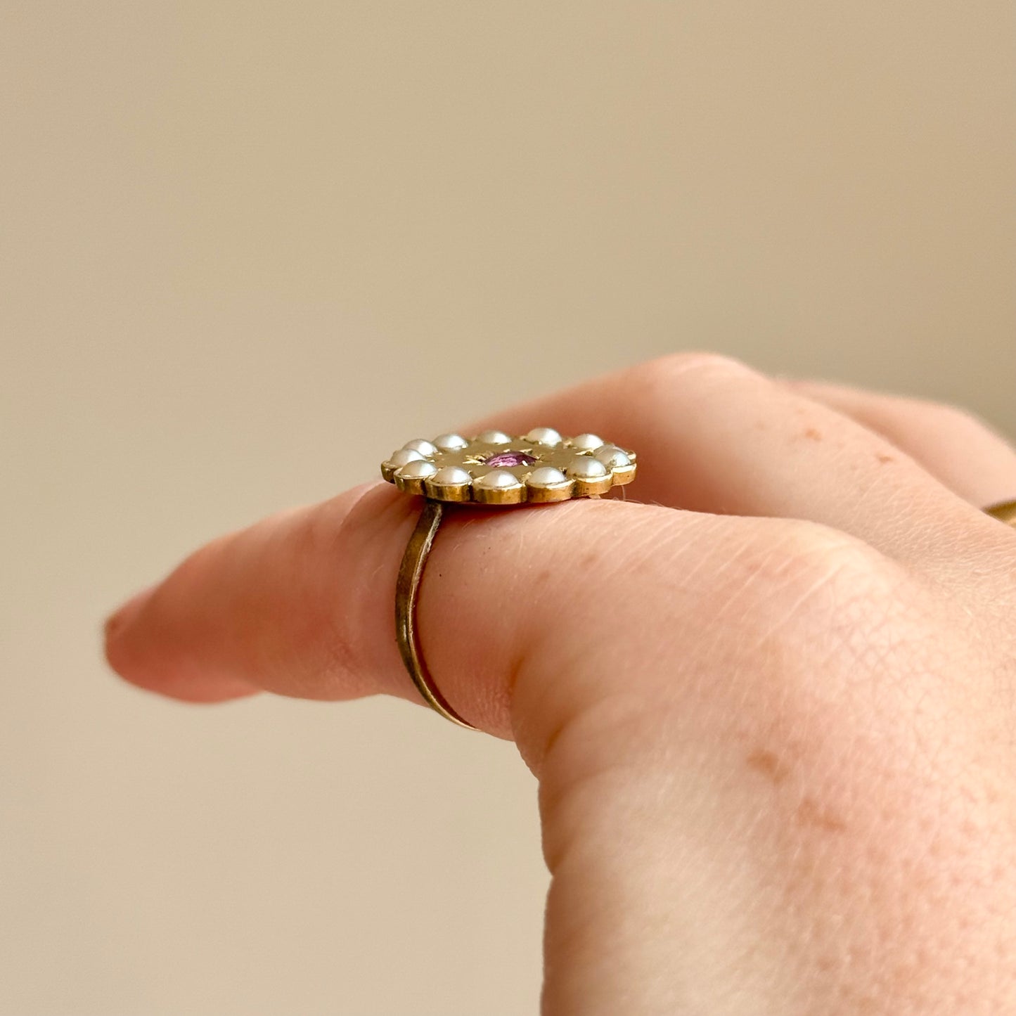 Antique Ruby & Pearl Ring in 9 Carat Gold; Circa 1900