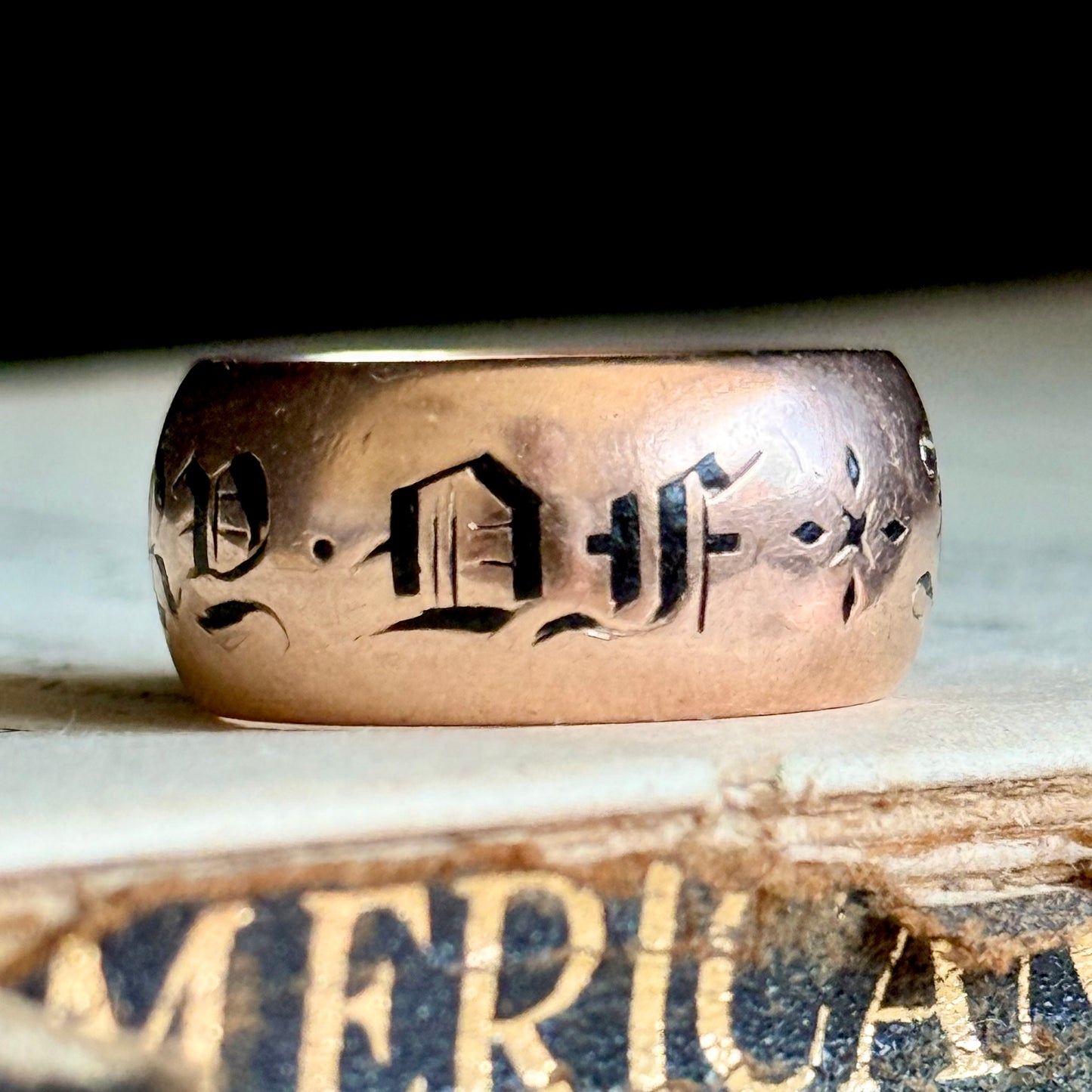 Antique Enamel Mourning Ring in 9 Carat Rose Gold; Circa 1902