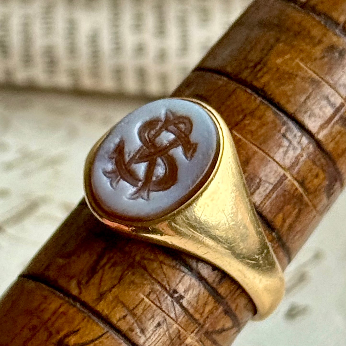 Victorian Sardonyx Signet ring in 18 Carat Gold; Circa 1868