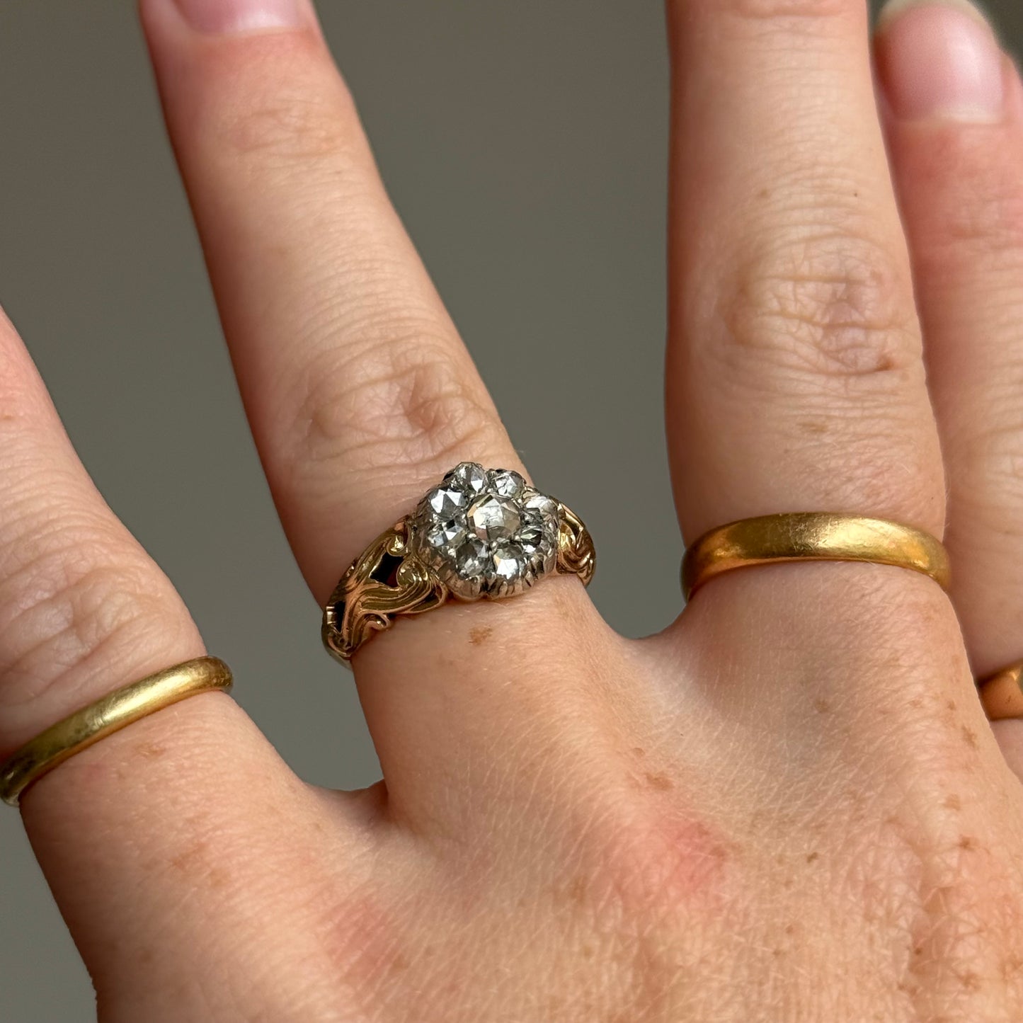 Victorian Rose Cut Diamond Cluster Ring in 15 Carat Gold, Circa 1860