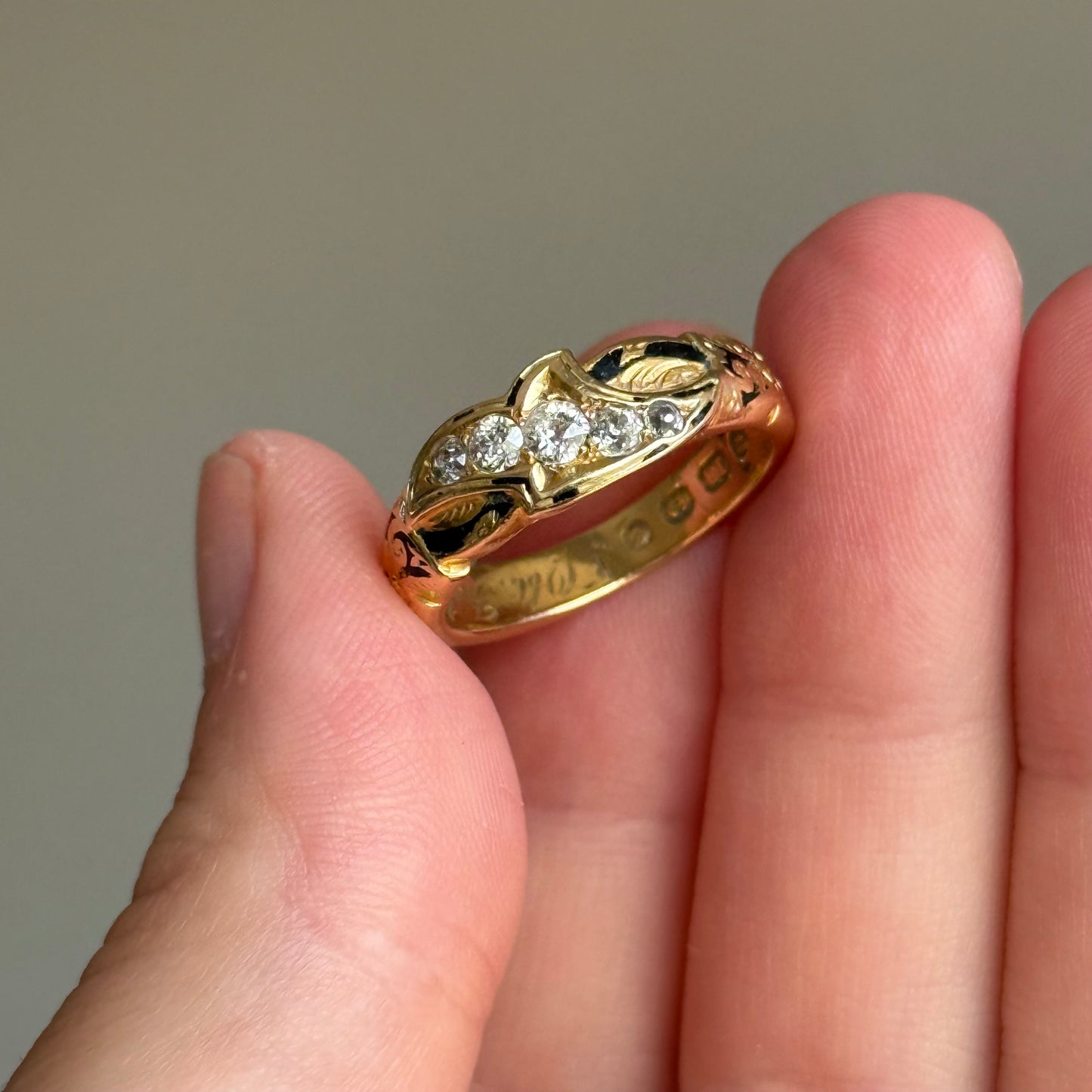 Antique Diamond & Enamel Mourning Ring in 18 Carat Gold; Circa 1879