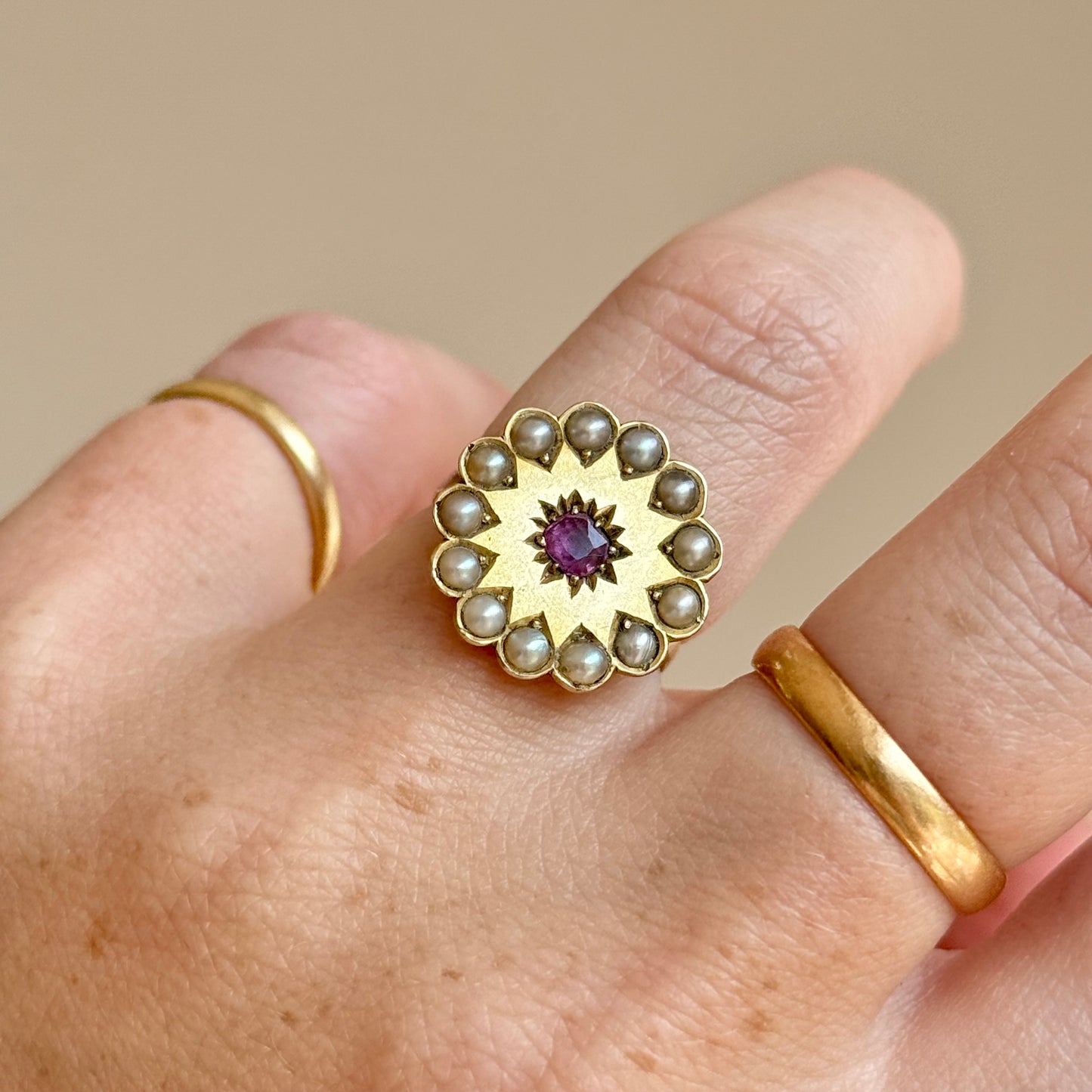 Antique Ruby & Pearl Ring in 9 Carat Gold; Circa 1900