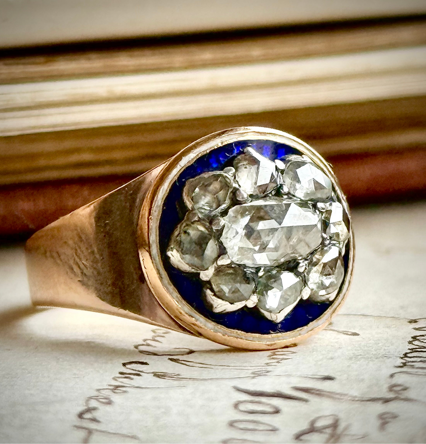 Georgian Rose Cut Diamond & Enamel Cluster Ring, Circa 1830