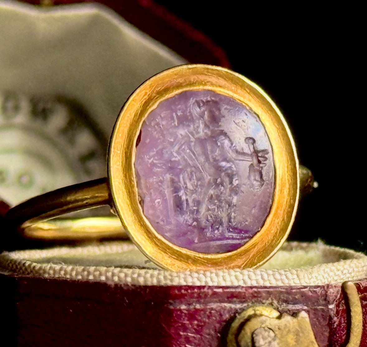 Roman Amethyst Intaglio Ring in 18 Carat Gold; Circa 1800