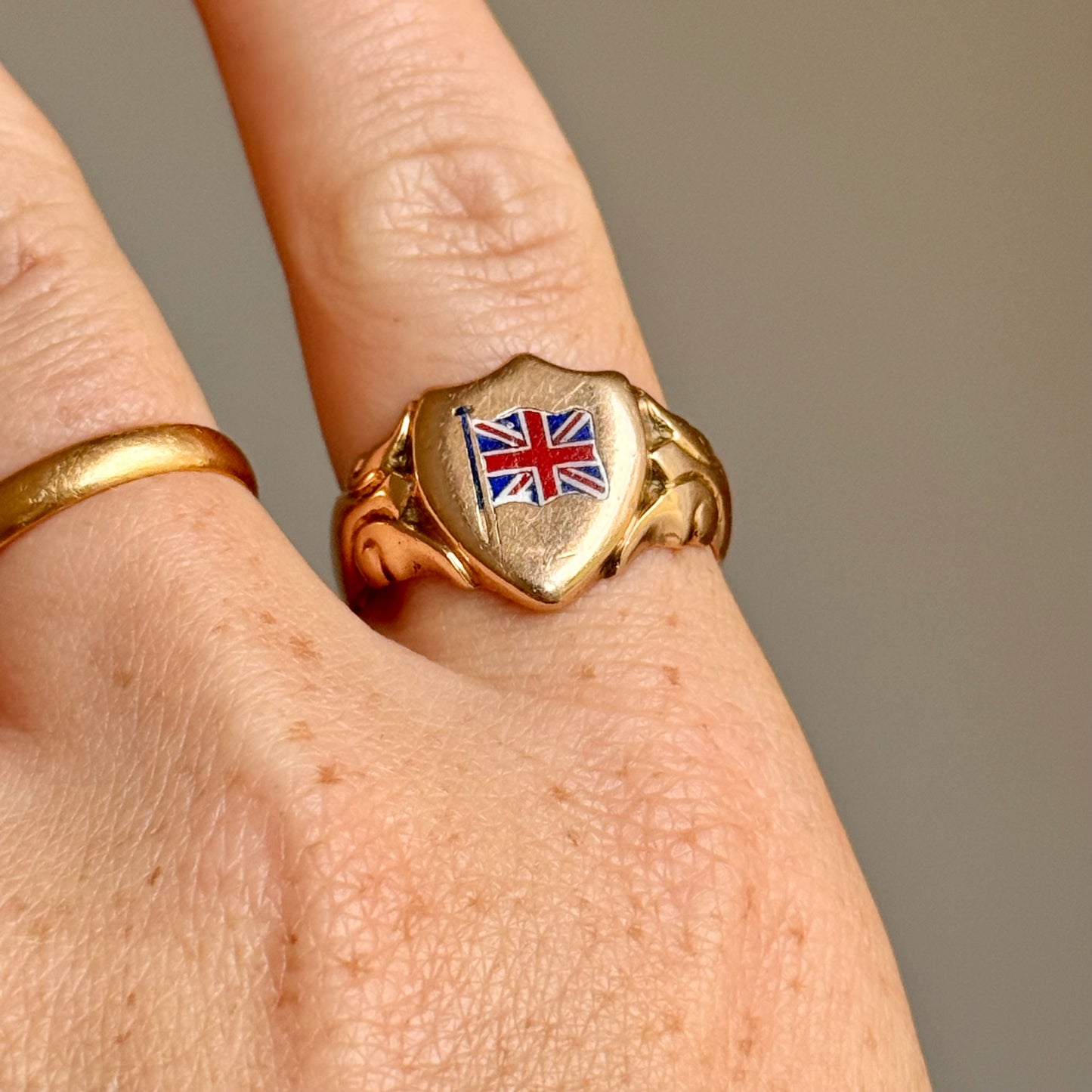 Antique First World War Enamel Signet Ring in 9 Carat Rose Gold; Circa 1914