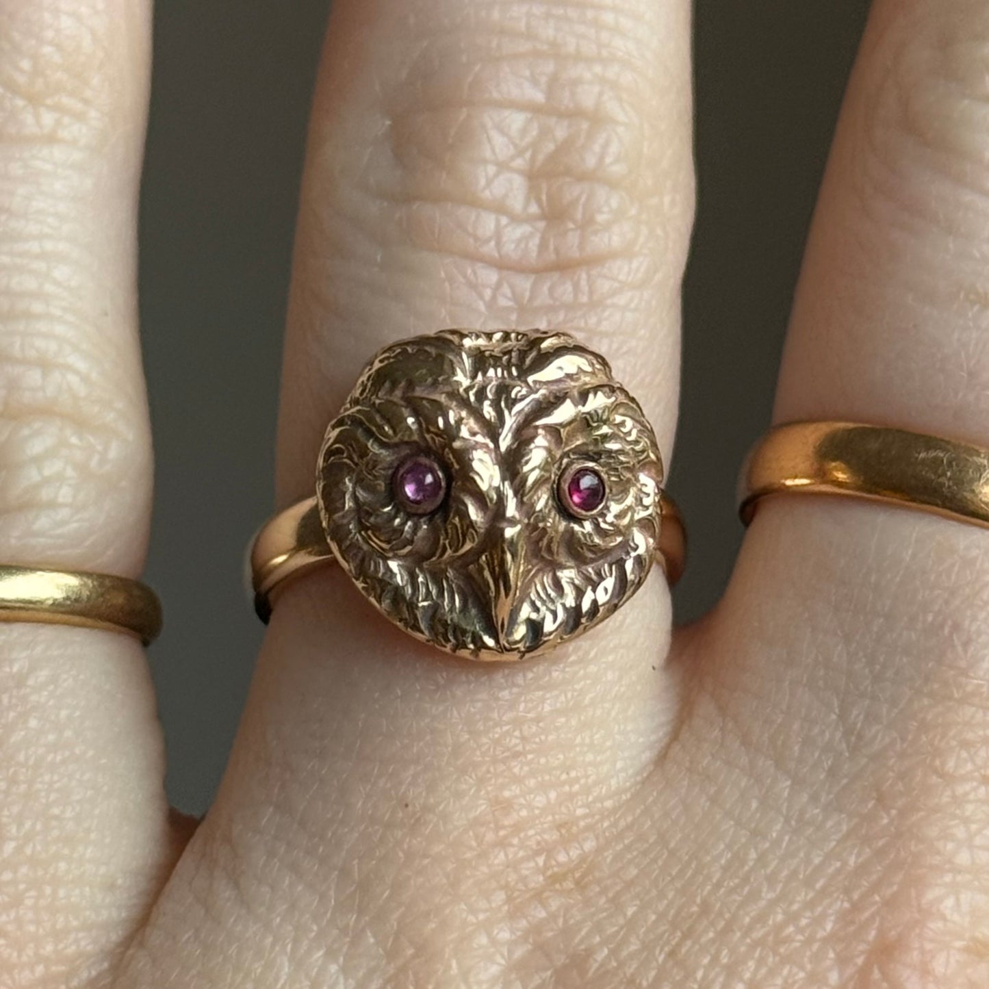 Antique Ruby Eyed Owl Ring in 9 Carat Gold