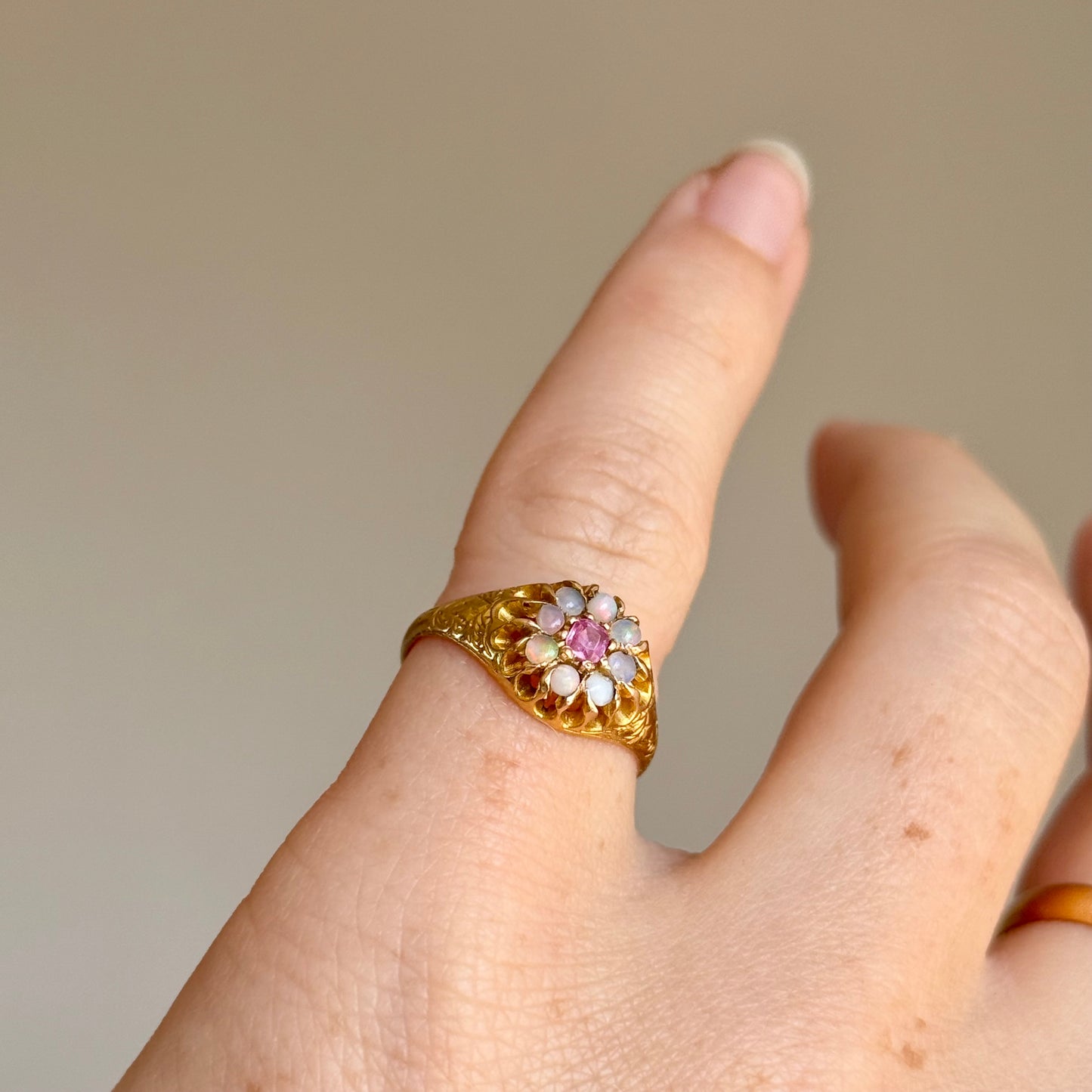 Antique Ruby & Opal Cluster Ring in 15 Carat Gold; Circa 1880