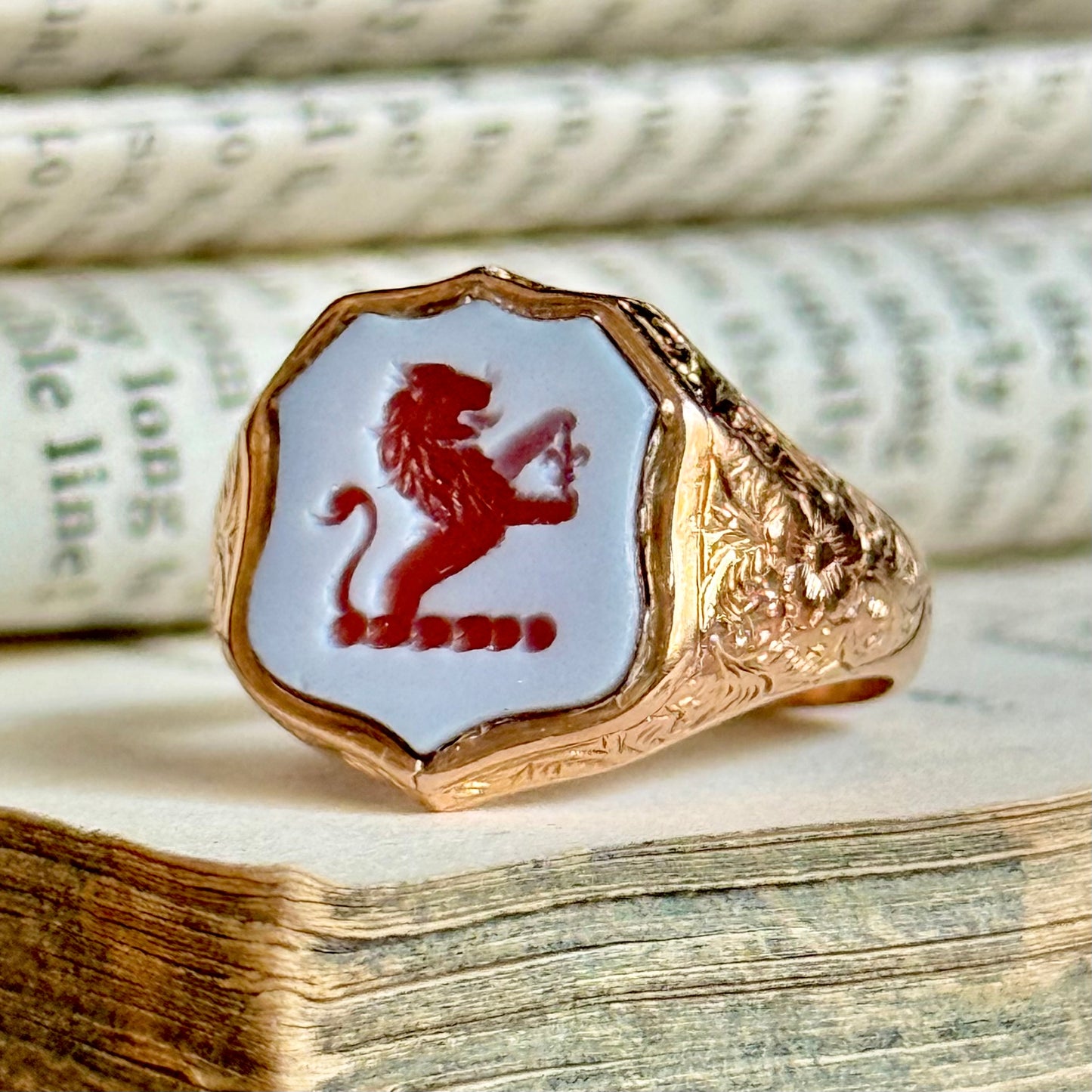 Antique Lion Sardonyx Signet Ring in 9 Carat Rose Gold; Circa 1900