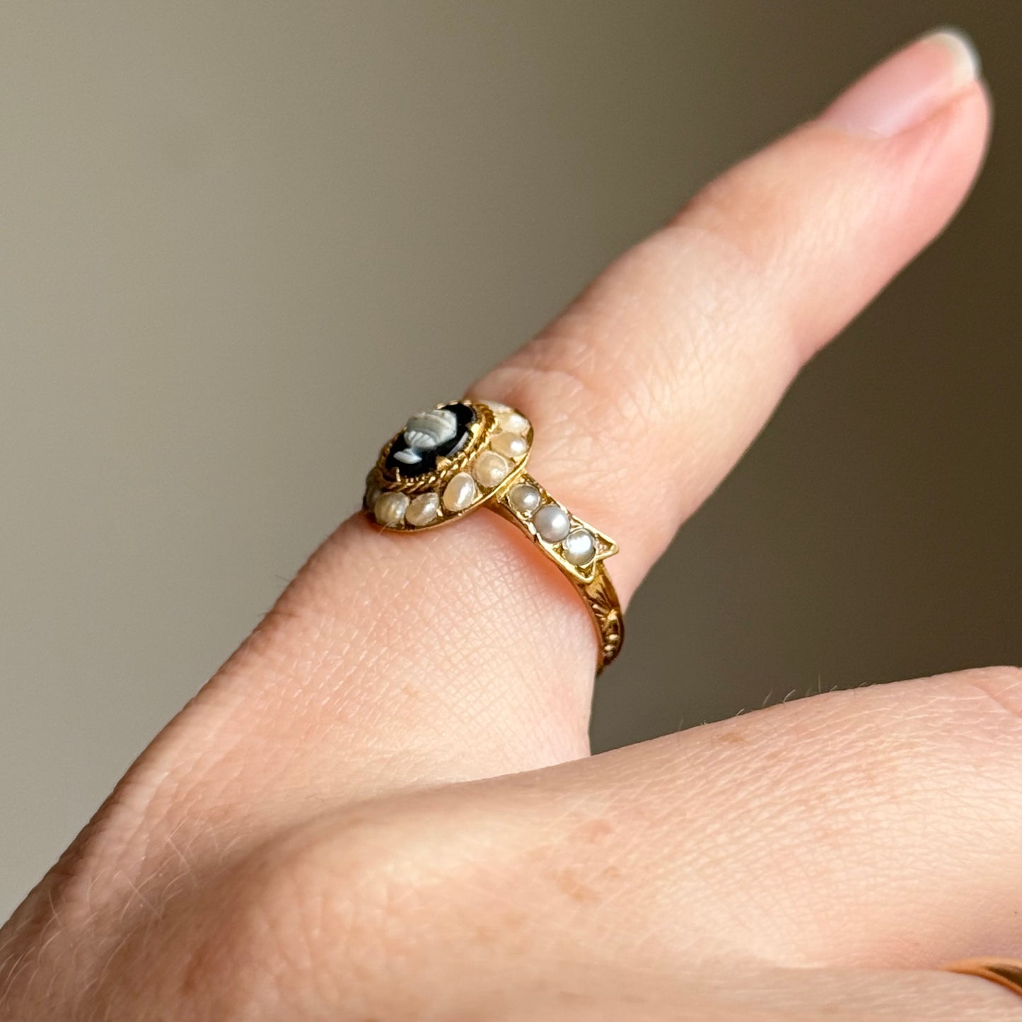 Antique Victorian Pearl Urn Mourning Ring in 15 Carat Gold