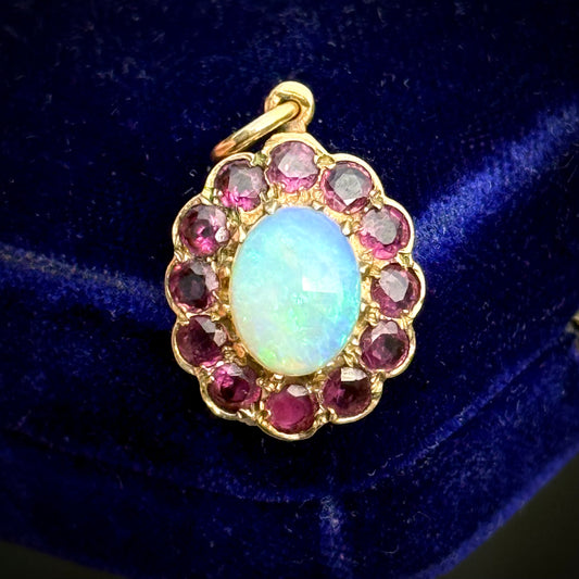 Antique Opal & Ruby Pendant in 9 Carat Gold; Circa 1900