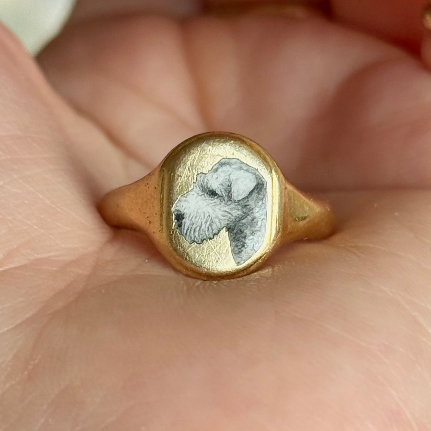 Antique Enamel 'Wycollar' Wire Fox Terrier Signet Ring in 18 Carat Gold