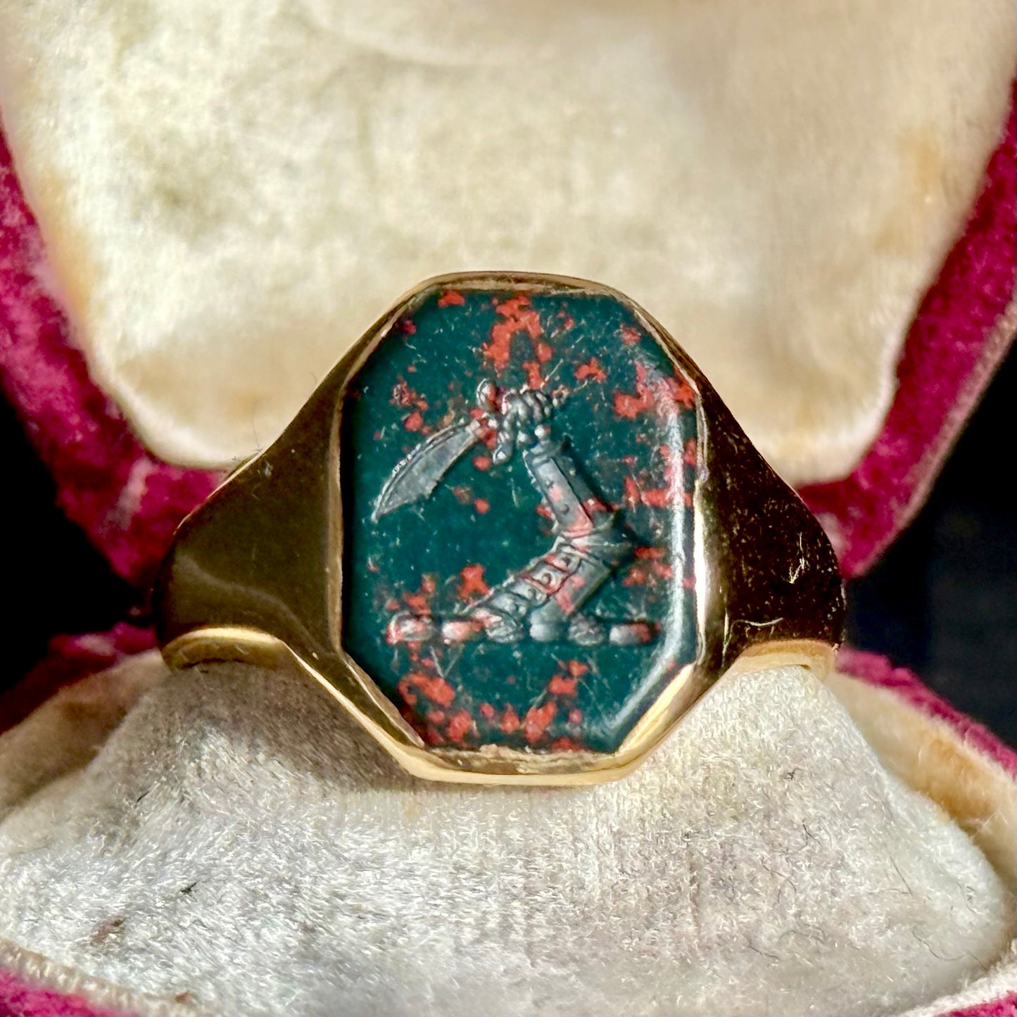Antique Bloodstone Heraldic Signet Ring in 18 Carat Gold; Circa 1890