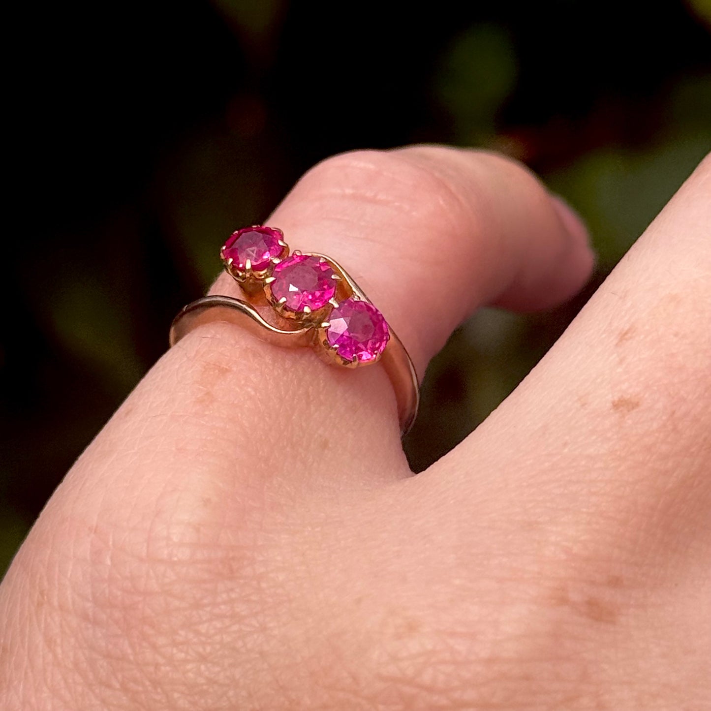 Edwardian Old Cut Ruby Trilogy in 9 Carat Gold; Circa 1910