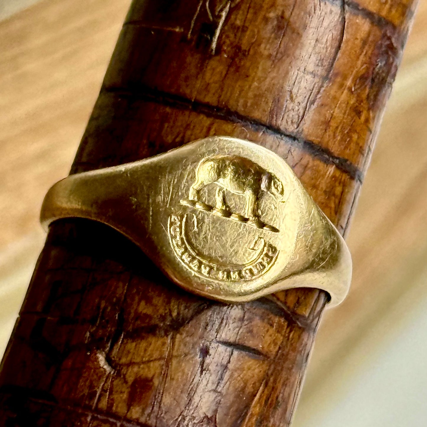Victorian Elephant SEMPER PARITUS Signet ring in 18 Carat Gold