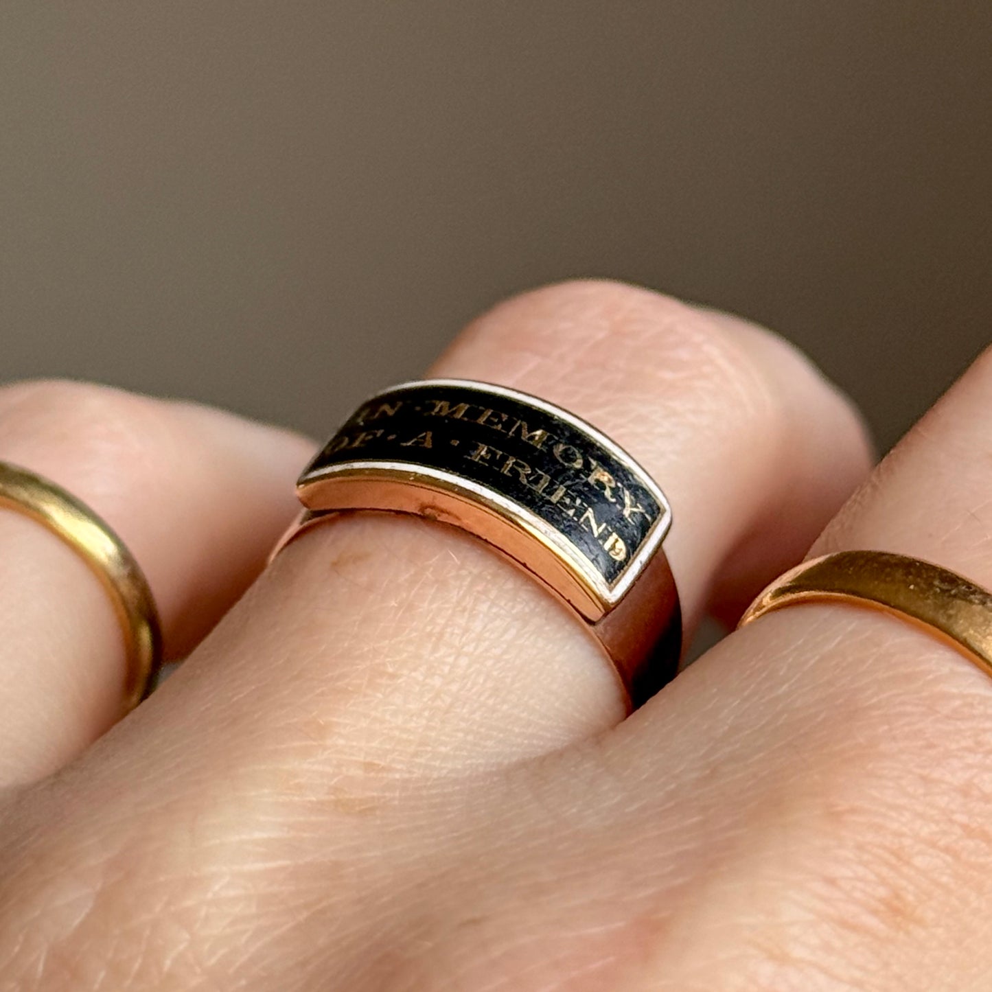 Antique Victorian 'In Memory of a Friend' Mourning Ring in 9 Carat Gold; Circa 1860