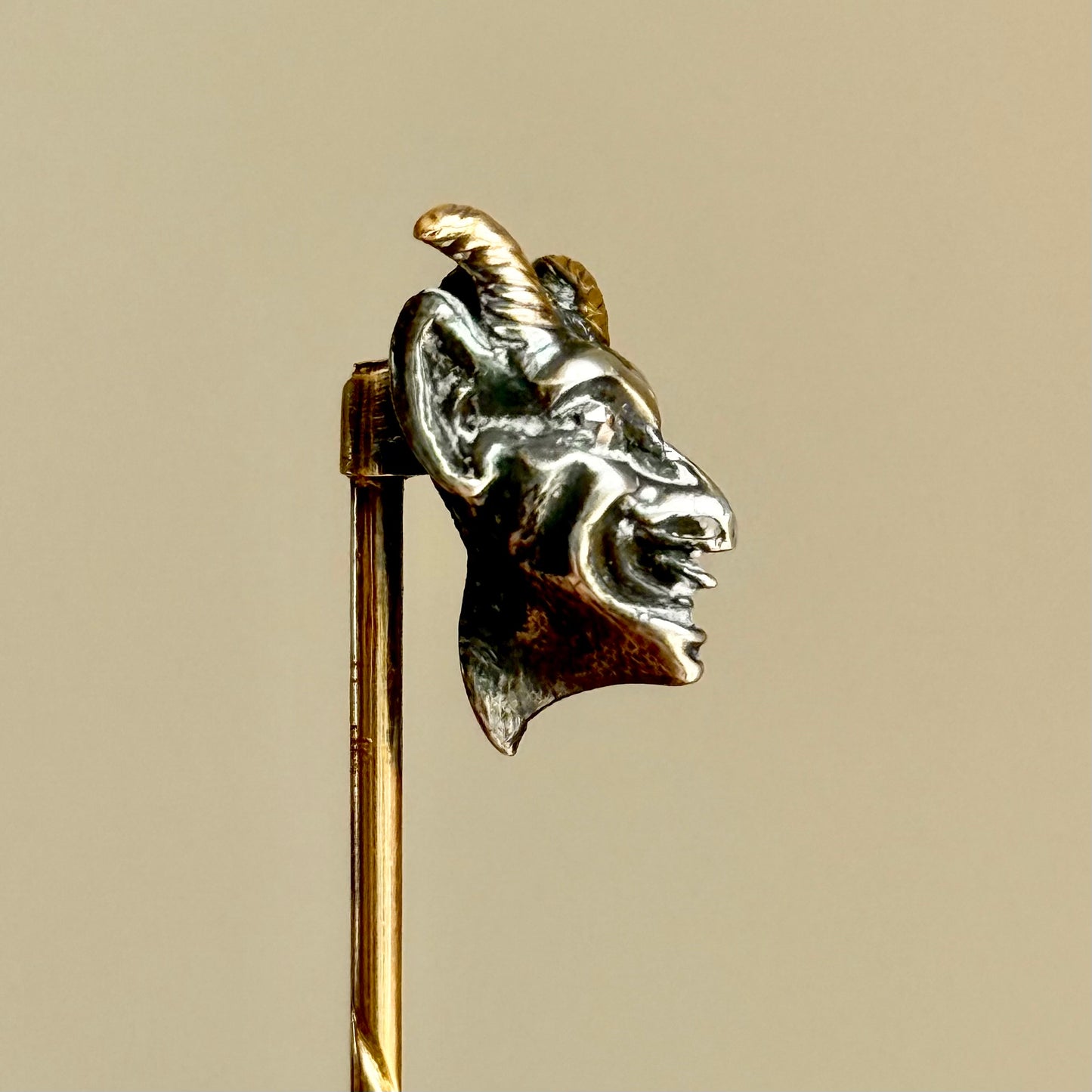 Rare Victorian Devil’s Head Tie Pin with Rose Cut Diamonds in Box Circa 1870