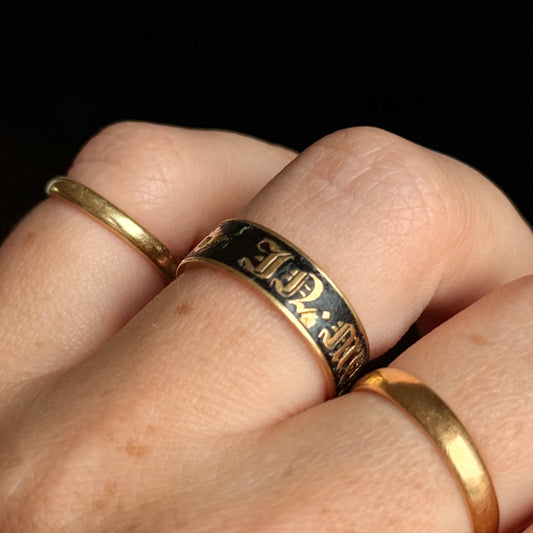 Antique Victorian Enamel Mourning Ring in 18 Carat Gold; Circa 1877